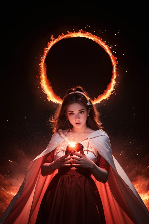 RAW photo, full sharp, (Full HD epic wallpaper) 8K UHD, Digital SLR, Soft lighting, High quality, filmgrain, Fujifilm XT3, hiqcgbody, (1 person, Kizi:1.2),the night,Focus above the thighs, Broken glass effect, Vivid yellow flame, Ethereal sparks, vulnerable, Red eyes, Long gray hair,Wind,Fluttering head, buzz cut, Style - Gravity magic, Looking down, Solo, , Detailed background, Detailed face, Pale complexion,(( ta costume)), redcloak, Cape, Hood, malicious expression, The scarlet symbol rotates in the air,(Floating fire particles, particle fx), Skylight color scheme, ( Huge red explosion flames), the are In the background, Surrounded by a crimson mist, Sunset, symetrical composition, Epic atmosphere,