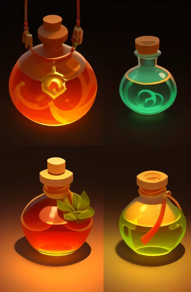 There are many small bottles，brewing lotion，lotion of healing,Red，warm color， stylized shadow, lotion, Stylized cell shading, lotion belt, lotion, health lotion，cel shading, making a lotion, Alchemist&#39;vial pain，Many small bottles hanging，Dreamy and magical