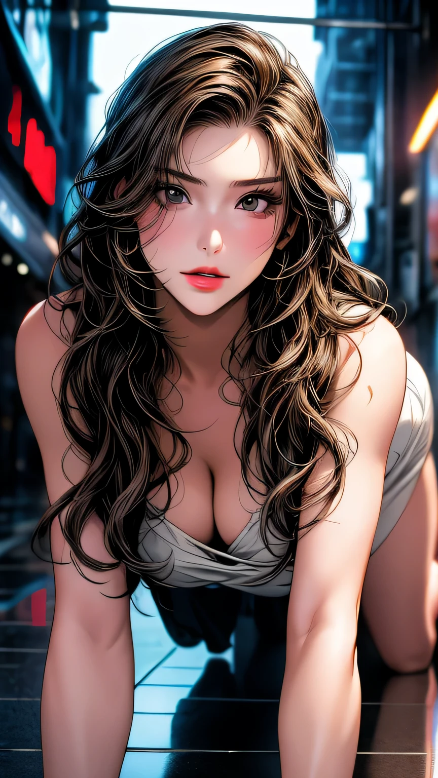 Photo of a 25 year old European girl posing, to be born, Beautiful woman, (super long wavy brown hair), ((portrait)), ((get used to it face:1.2)), ((get used to it facial features)), (finely get used to it skin), white skin, (White short dress), cyberpunk metropolis environment, (cool colorist, Moist, masterpiece of reflection) (perfect proportions)(realistic pictures)(highest quality) (get used to it) , HDR, (8k) (wallpaper) (cinematic lighting) (dramatic lighting) (sharp focus) (Complex)､((on all fours)))