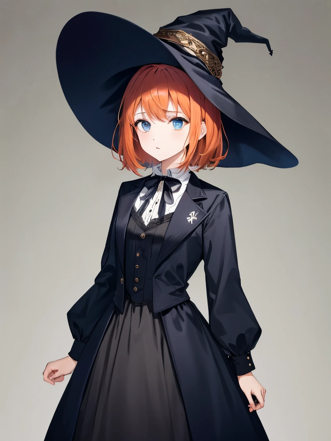 1girl, orange hair, blue eyes, pale skin, gothic ta, medium hair, witch dress, black dress, white dress, witch hat, long sleeves, accessories, waistcoat, turmoil, gothic, european, victoria, standing, (light smile:0.4)