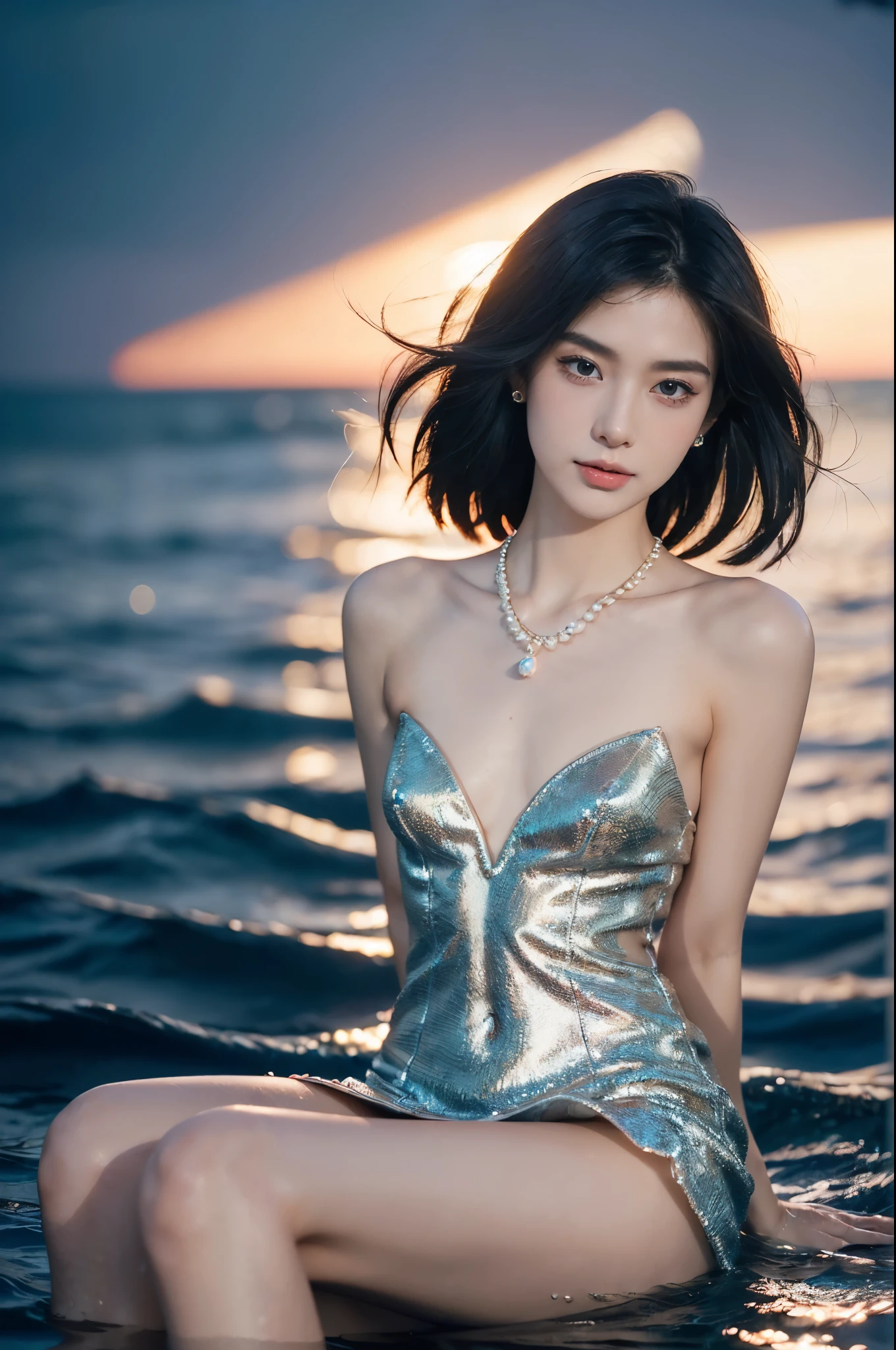 ((((8k))),((Extremely meticulous CG)) ,(wallpaper),16k,((Extremely refined and beautiful)),(((Masterpiece))),(((best qualtiy))),(((Ultra High Resolution))),beautiful light up,Perfect lightning,realistic shaded,((high resolution)),(Smooth and flawless fair skin:1.5),(pale skin:1.3),(Extremely exquisite facial details:1.2),(perfect body:1.1),(ultra-detailed),((A beautiful girl,solo)),(small head:1.2),(shoulder length straight bob hair:1.2),(small face:1.2),(baby face:1.3),(Exquisite makeup:1.2),(small breasts:1.2),(flat chests:1.2),((slim,thin)),happy,(laughing:1.2),(crystal necklace:1.2),(sparkled dress:1.5),(night scene:1.5),(detailed background:1.5),(sitting in the shell:1.3),(arms behind back:1.3),(upper body:1.2),(from back:1.2),air bubbles,aquarium,bare legs,barefeet,bubbles blowing,coral,diving,dolphin,freediving,goldfishes,jellyfish,jewelry,light rays,ocean,partially underwater shot,pearl,(gemstone),seaweed,sleeveless,splashing,starfish,submerged,swimming,underwater,water drops,watercraft,waves,whale,