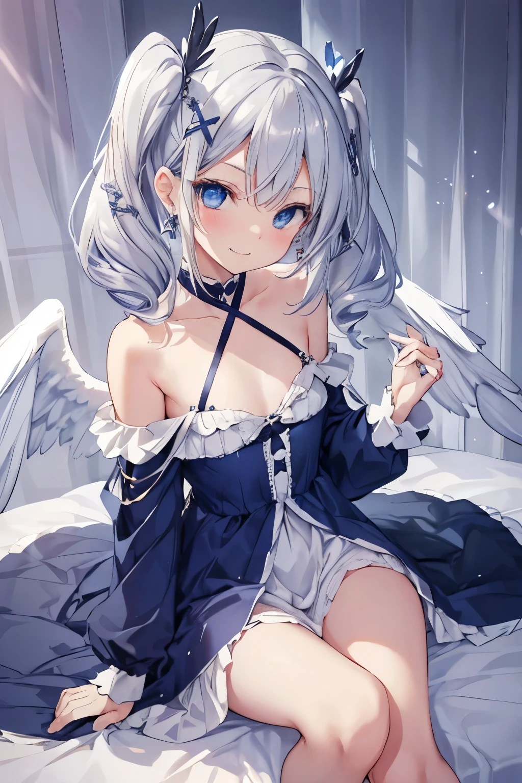 Silver-haired blue eyes、 girl、small breasts、twin tails、smile、naughty clothes、gal girl、wearing cute earrings、With angel wings、There's an angel ring on my head