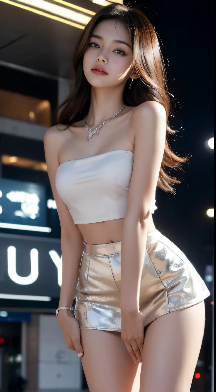  ((whole body)), ((from below)), ((gufeng,bare shoulders)), ((The skirt is short)),((Leaking beautiful legs)), clear face, pretty face, 8k, masterpiece, original photo, best quality, detail:1.2,lifelike, detail, Very detailed, CG, unity, wallpaper, depth of field, movie light, lens flare, Ray tracing, (extremely beautiful face, beautiful lips, beautiful eyes), complicated, detail的脸, ((ultra detailed skin)), 1 girl, in the darkness, deep shadow, beautiful korean girl, kpop idol,(Very slim figure:1.3), plump breasts, Slender sexy legs, elegant posture, (bright smile), (City night, (neon lights), (night), beautiful korean girl, white diamond earrings, diameter bracelet, Dia Necklace, clear eyes, facing forward, (big eyes)