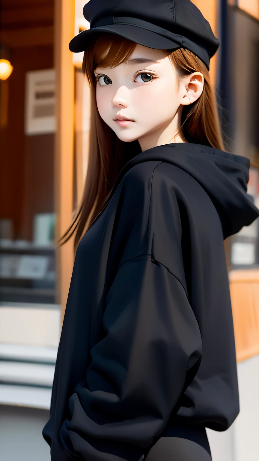 ((highest quality)), A girl wearing a black hoodie and a black cap looking down、boyish girl、An ennui look、one girl、、unparalleled beauty、cute face、Complex and detailed depictions、Downtown New York、master piece:1.5、best image quality、ultra high resolution