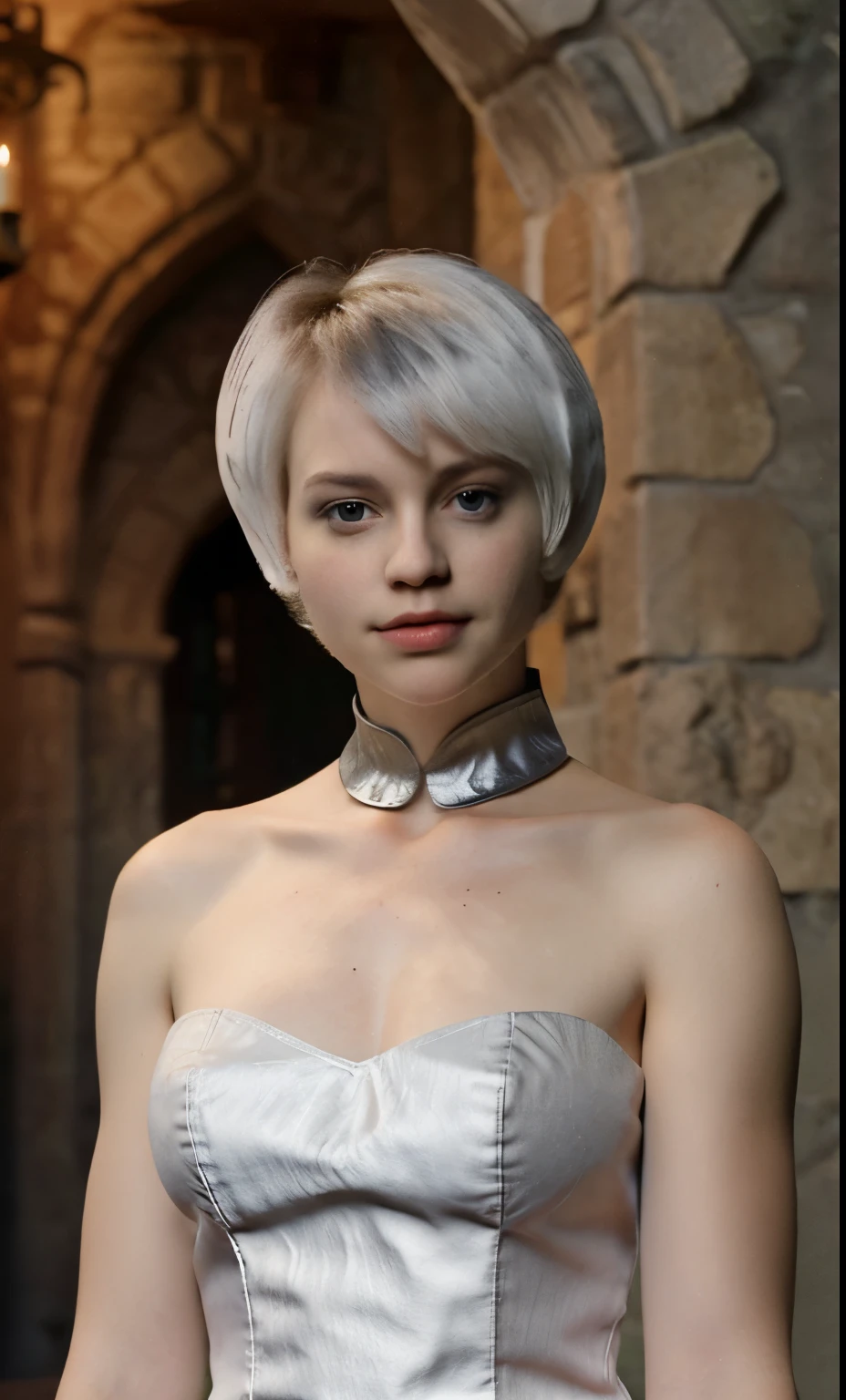 Btflindngds, a beautiful girl named Elizabeth, big lips, white hair, gorgeous actress, european, photograph by artgerm and (greg rutkowski:0.3), (cinematic:0.4) lighting, big natural breasts, breast cleavage, bikini, dark Mansion , skinny body, jewellery, chokers, very hot girl, The girl is holding the championship trophy in her hand,