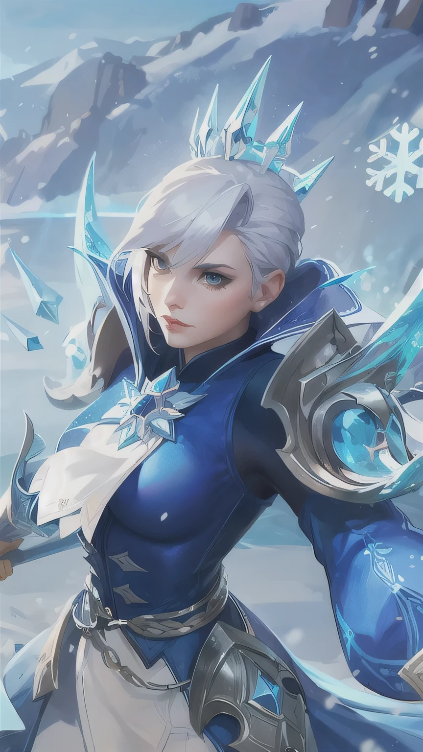 a close up of a woman with a sword in a snowy landscape, ice mage, ashe, queen of ice and storm, ice sorceress, icey, crystalline skin, freezing blue skin, valentina remenar, mobile legends, splash art, ig model | artgerm, official splash art, ice queen, ice crystal armor, ice lord, elsa
