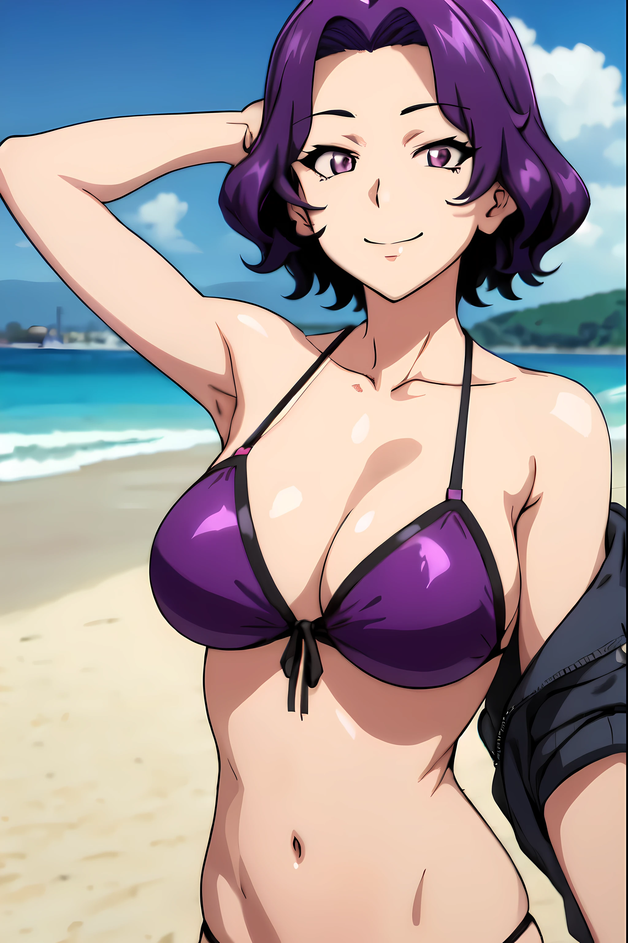 (best quality), (masterpiece), azusa_hamaoka, short hair, purple hair, purple eyes, large breasts, bikini, city, beach, looking at viewer, smiling, upper body, 