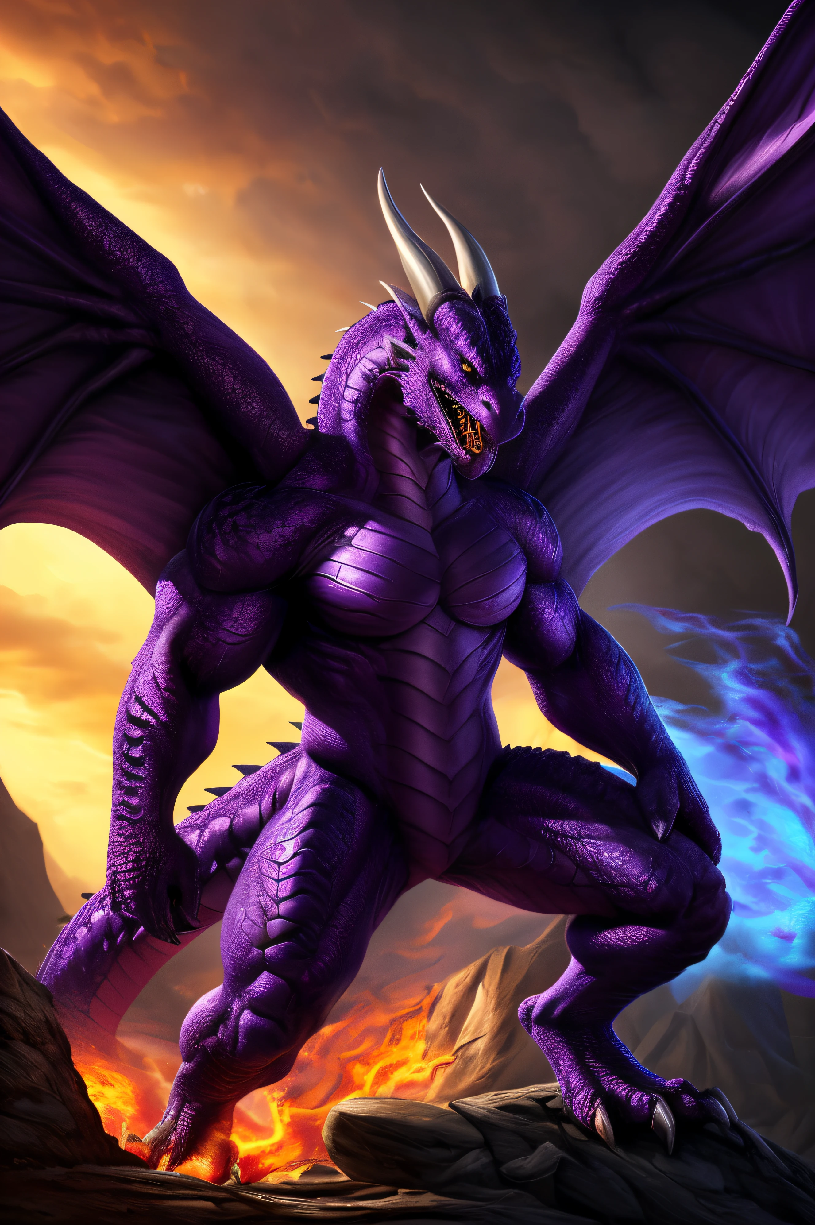 muscular epic male purple dragon,peludo(purple, desarrollo muscular,detallado,peludo body:detallado,purple scales), intense lighting, fotorrealista, dragon wings: detallado,Aliento de fuego, colmillos afilados, poderosa presencia, intimidante, fantasy art, colores vibrantes