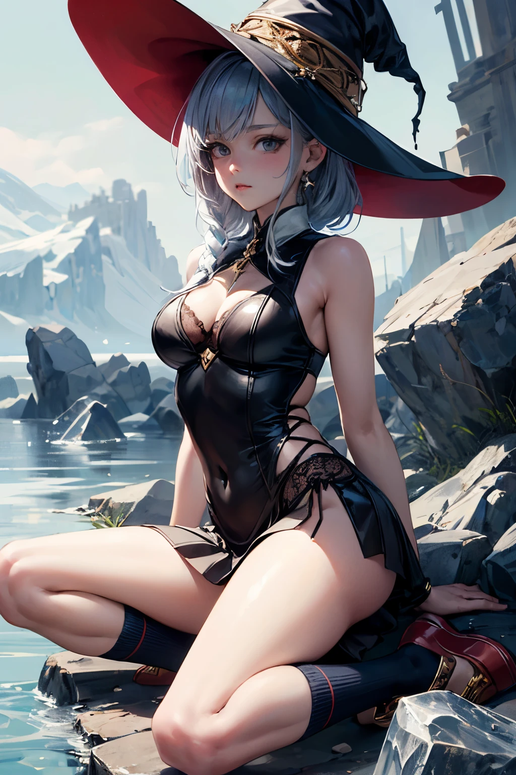 ((best quality)), ((masterpiece)), (detailed), perfect face
I'd like an anime or manga style depiction of a witch or mage girl. She's wearing a sleeveless bodysuit that resembles lingerie, and on top pf that, she's wearing a short skirt to reveal her legs, I want there to be magic marks that represent a design related to ice. Additionally, she wears low shoes that match the outfit, and short socks should be visible.