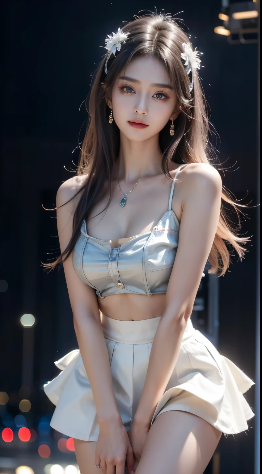  ((whole body)), ((from below)), ((gufeng,bare shoulders)), ((The skirt is short)),((Leaking beautiful legs)), clear face, pretty face, 8k, masterpiece, original photo, best quality, detail:1.2,lifelike, detail, Very detailed, CG, unity, wallpaper, depth of field, movie light, lens flare, Ray tracing, (extremely beautiful face, beautiful lips, beautiful eyes), complicated, detail的脸, ((ultra detailed skin)), 1 girl, in the darkness, deep shadow, beautiful korean girl, kpop idol,(Very slim figure:1.3), plump breasts, Slender sexy legs, elegant posture, (bright smile), (City night, (neon lights), (night), beautiful korean girl, white diamond earrings, diameter bracelet, Dia Necklace, clear eyes, facing forward, (big eyes)