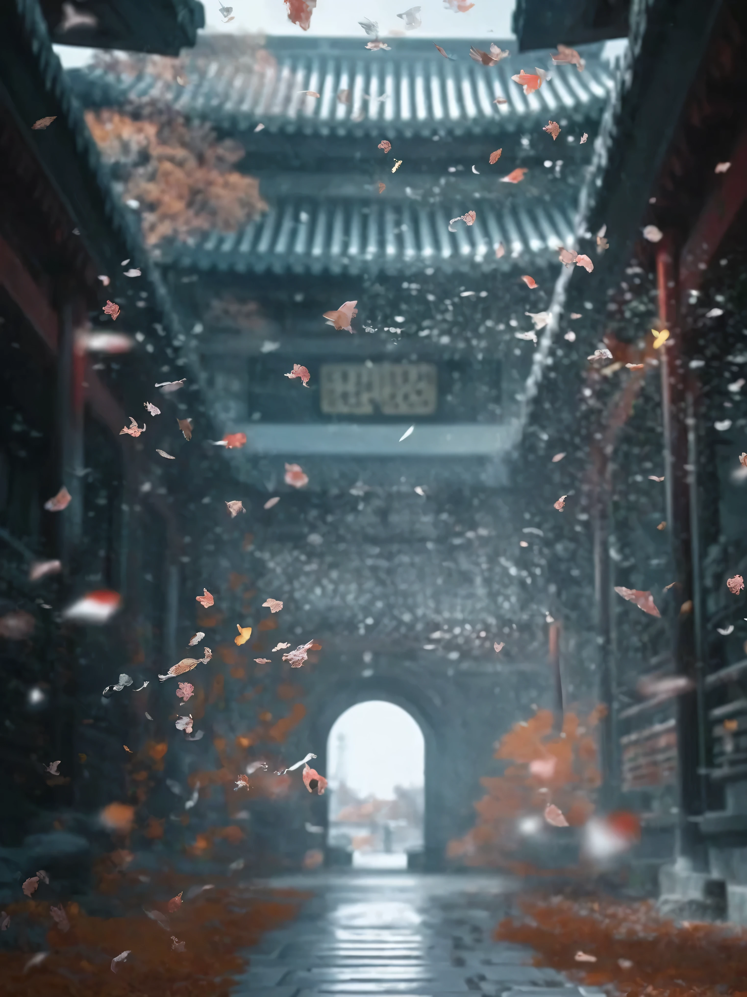 there is a person walking down a walkway in a courtyard, cyberpunk chinese ancient castle, detailed cinematic render, highly detailed surreal vfx, magical leafs falling, highly detailed vfx scene, cinematic. by leng jun, hyperrealistic vfx render, hyper - realistic vfx render, unreal engine. film still, ps5 cinematic screen capture, cinematic render, akihiko yoshida. unreal engine