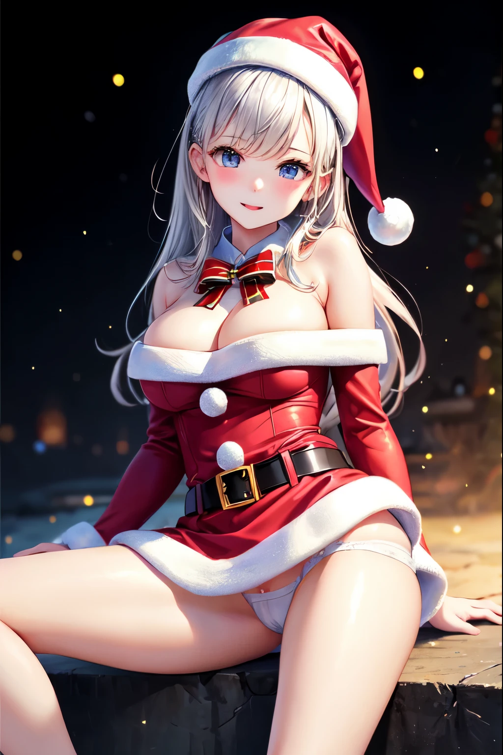 ((highest quality)), ((masterpiece)), (Detailed miniskirt Santa),Squeeze with your left hand、white panties、(white panties:1.3) perfect face、beautiful breastini skirt、Wear only miniskirt Santa dress、spread her legs、show white panties,sexy