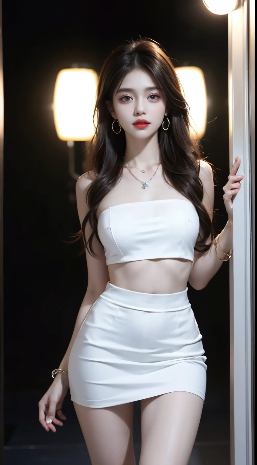((whole body)), ((from below)), ((bare shoulders)), white shirt, black hip skirt, black stockings, clear face, pretty face, 8k, masterpiece, original photo, best quality, detail:1.2,lifelike, detail, Very detailed, CG, unity, wallpaper, depth of field, movie light, lens flare, Ray tracing, (extremely beautiful face, beautiful lips, beautiful eyes), complicated, detail的脸, ((ultra detailed skin)), 1 girl, in the darkness, deep shadow, beautiful korean girl, kpop idol,(Very slim figure:1.3), plump breasts, Slender sexy legs, elegant posture, (bright smile), (City night, (neon lights), (night), beautiful korean girl, white diamond earrings, diameter bracelet, Dia Necklace, clear eyes, facing forward, (big eyes)