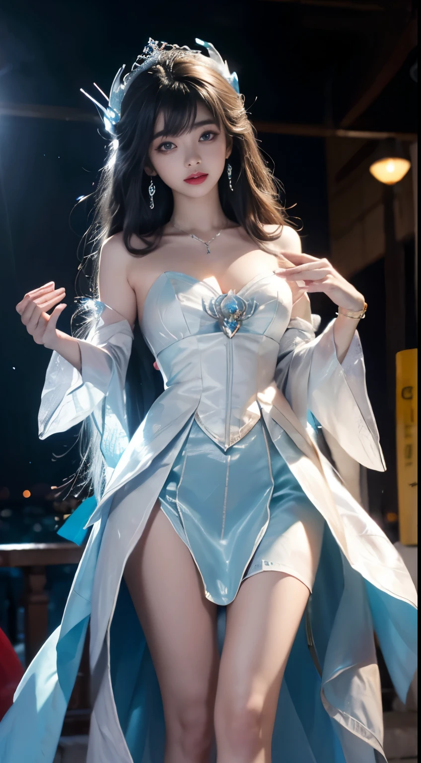 ((whole body)), ((from below)), ((gufeng,bare shoulders)), clear face, pretty face, 8k, masterpiece, original photo, best quality, detail:1.2,lifelike, detail, Very detailed, CG, unity, wallpaper, depth of field, movie light, lens flare, Ray tracing, (extremely beautiful face, beautiful lips, beautiful eyes), complicated, detail的脸, ((ultra detailed skin)), 1 girl, in the darkness, deep shadow, beautiful korean girl, kpop idol,(Very slim figure:1.3), plump breasts, Slender sexy legs, elegant posture, (bright smile), (City night, (neon lights), (night), beautiful korean girl, white diamond earrings, diameter bracelet, Dia Necklace, clear eyes, facing forward, (big eyes)
