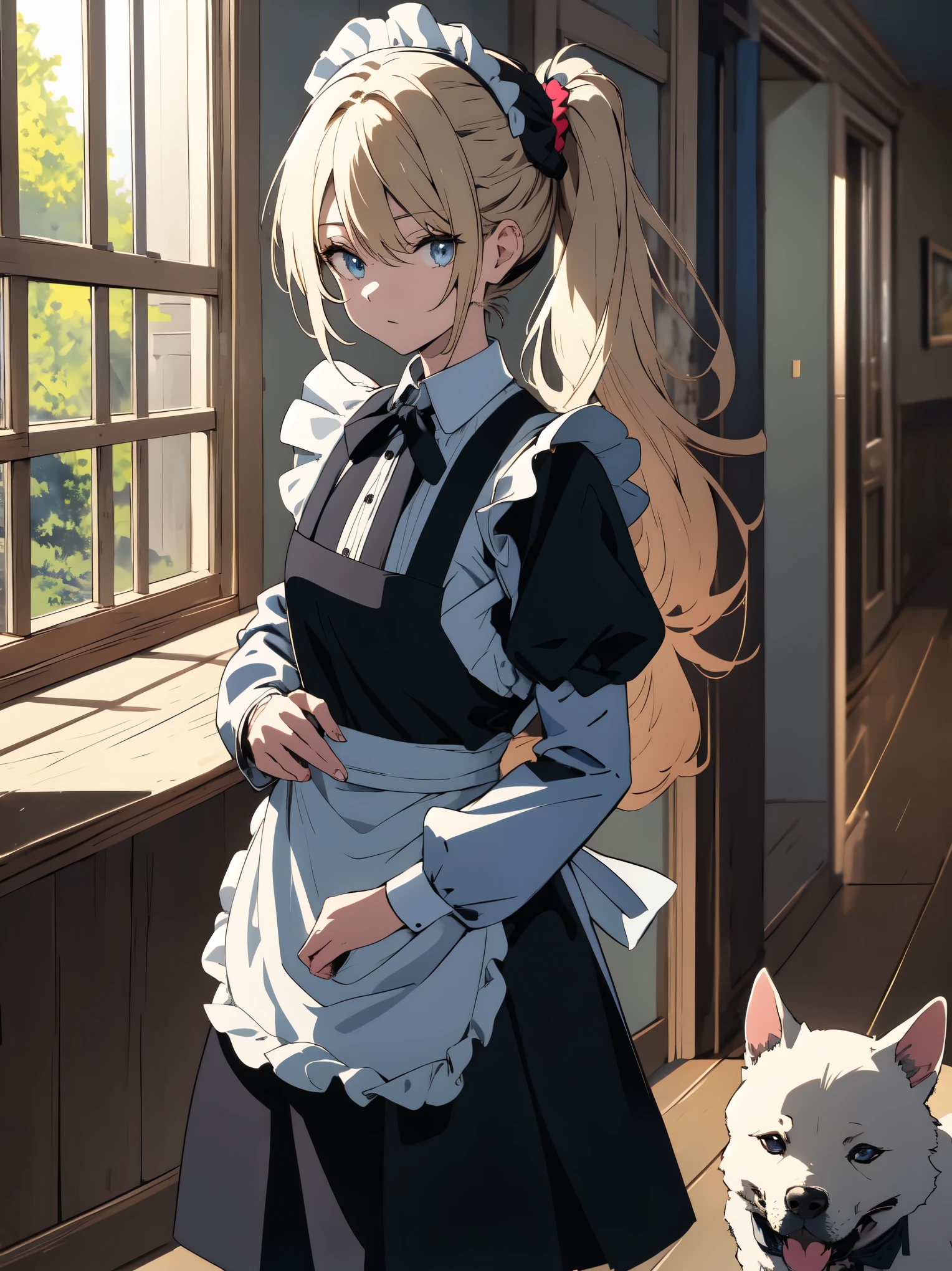 (masterpiece, highest quality, High resolution、be familiar with), (shining eyes)、1 girl,blonde hair, maid, blue eyes, side ponytail, hair scrunchie, hair ornaments, blue scrunchie, maid headdress, apron, (in a foreign city),(walking the dog),hair between eyes, chest, long sleeve, bangs, white shirt, black dress, side lock, maid apron, black pantyhose, cowboy shot,indoor、Western-style room、beautiful anime