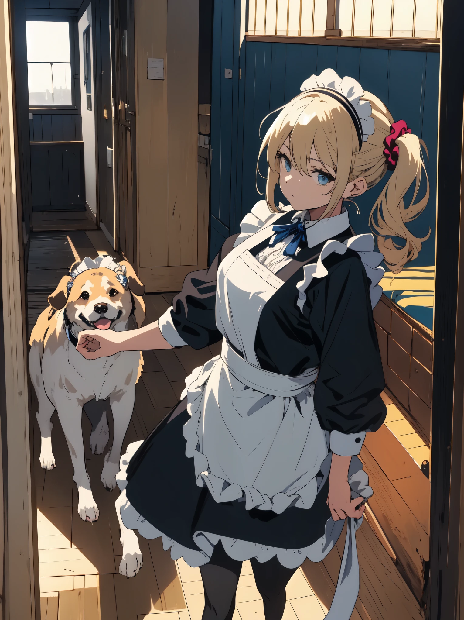 (masterpiece, highest quality, High resolution、be familiar with), (shining eyes)、1 girl,blonde hair, maid, blue eyes, side ponytail, hair scrunchie, hair ornaments, blue scrunchie, maid headdress, apron, (in a foreign city),(walking the dog),hair between eyes, chest, long sleeve, bangs, white shirt, black dress, side lock, maid apron, black pantyhose,  cowboy shot,indoor、Western-style room、beautiful anime