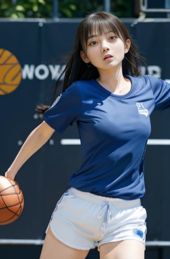 best quality, detailed, beautiful, insanely detailed, absurdres,perfect anatomy,
Japanese woman,black hair,27 years old,
(slender),
(small breasts),
delightful, long hair tied back, (blue t-shirt, white shorts:1.2),(dribbling a basketball:1.3), full body shot, dynamic angle