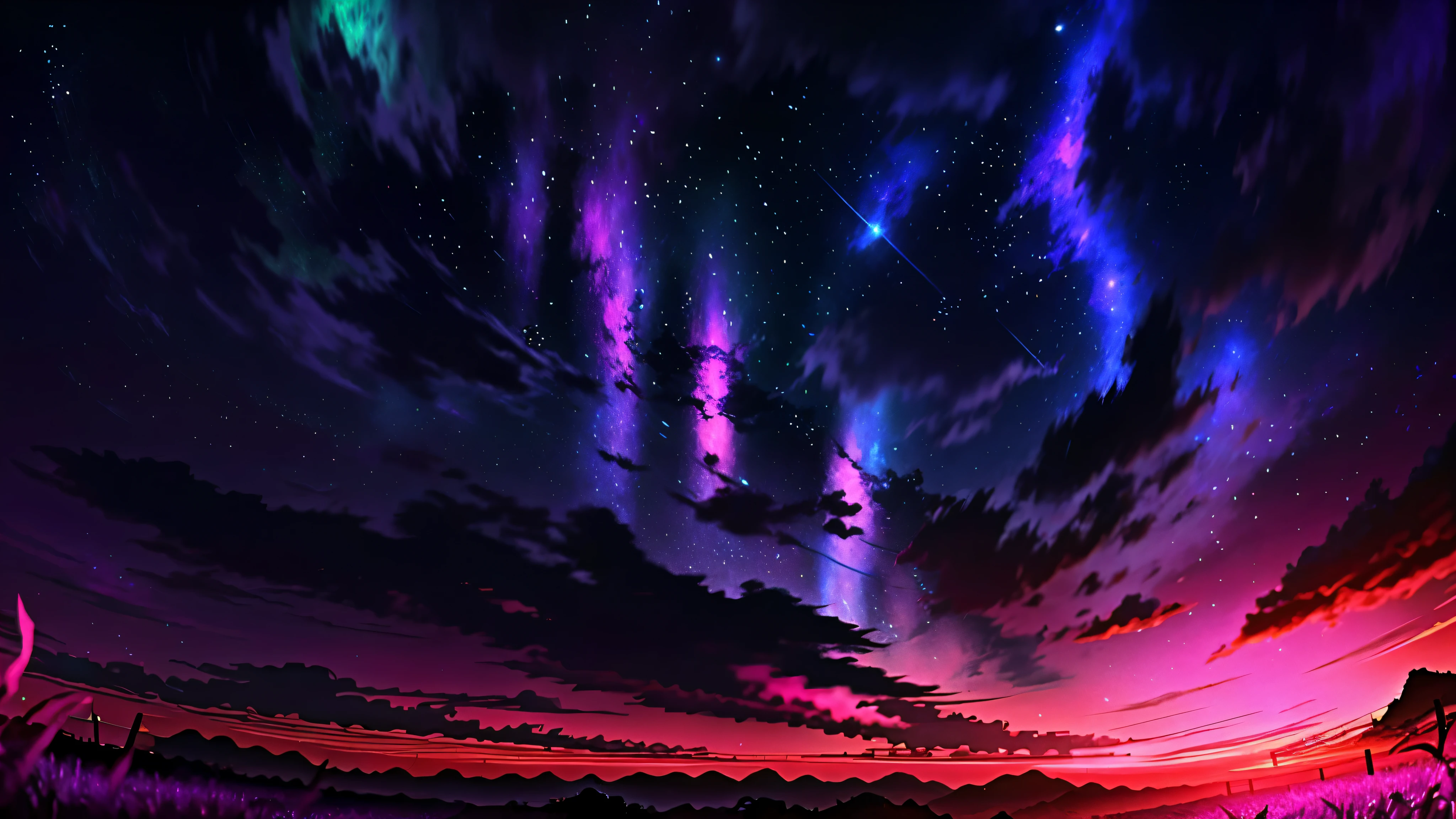 The picture is bright,Plenty of lighting. no humans. (((Xin Haicheng style)),pixiv,anime drawing,high quality,pink purple sky,Beautiful scenery),(universe,train passing by,Magical Realism,((Xin Haicheng style)) ::0.8), [Artistic atmosphere, atmosphere:0.8, starry sky, hills, snow mountain, soda water, Grass, trees, smokes, Star, low angle of view, specular scattering,
