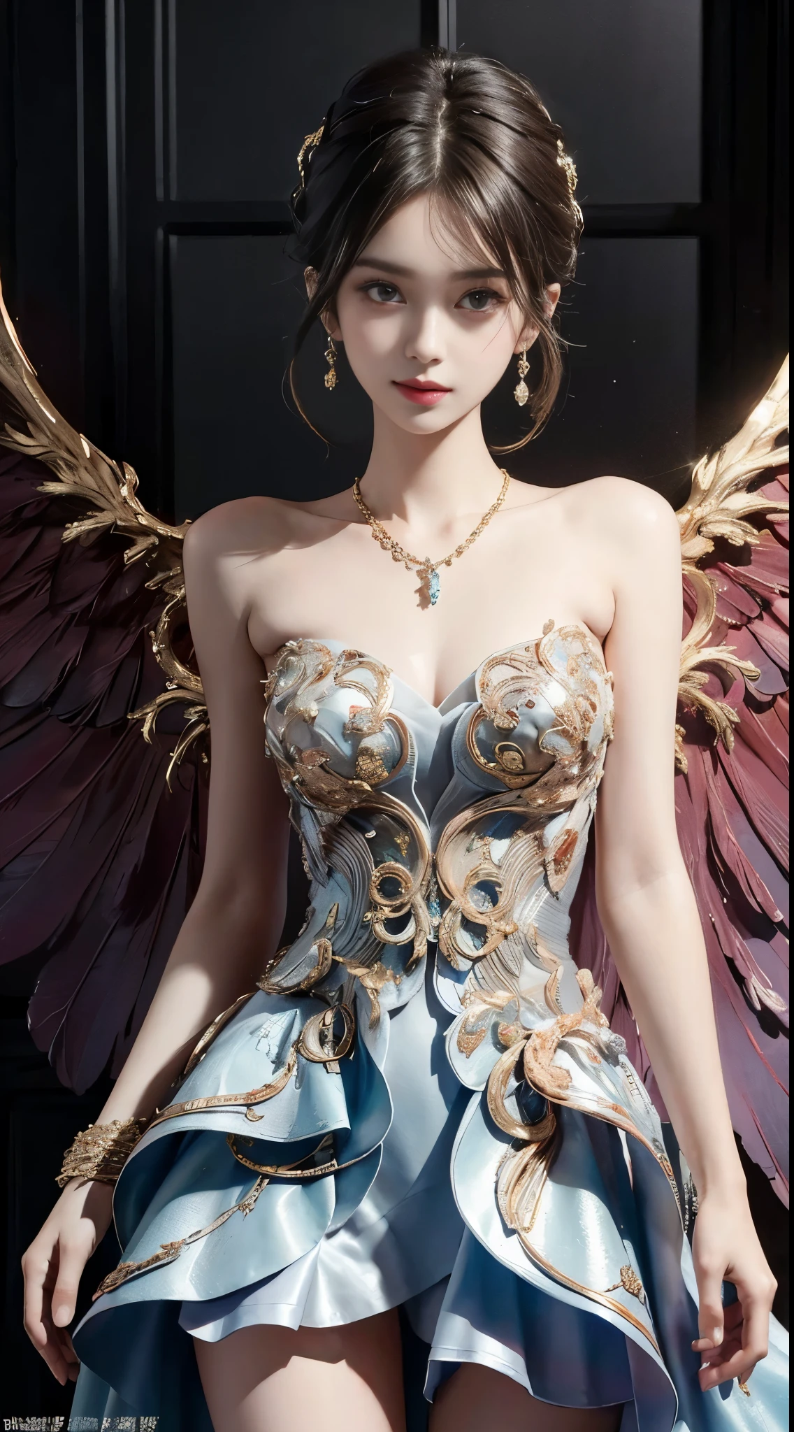 lifu, lifu,strapless dress, ((whole body)), ((from below)), ((gufeng,bare shoulders)), clear face, pretty face, 8k, masterpiece, original photo, best quality, detail:1.2,lifelike, detail, Very detailed, CG, unity, wallpaper, depth of field, movie light, lens flare, Ray tracing, (extremely beautiful face, beautiful lips, beautiful eyes), complicated, detail的脸, ((ultra detailed skin)), 1 girl, in the darkness, deep shadow, beautiful korean girl, kpop idol,(Very slim figure:1.3), plump breasts, Slender sexy legs, elegant posture, (bright smile), (City night, (neon lights), (night), beautiful korean girl, white diamond earrings, diameter bracelet, Dia Necklace, clear eyes, facing forward, (big eyes)