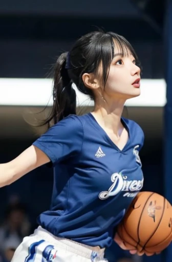best quality, detailed, beautiful, insanely detailed, absurdres,perfect anatomy,
Japanese woman,black hair,27 years old,
(slender),
(small breasts),
delightful, long hair tied back, (blue t-shirt, white shorts:1.2),(dribbling a basketball:1.3), full body shot, dynamic angle