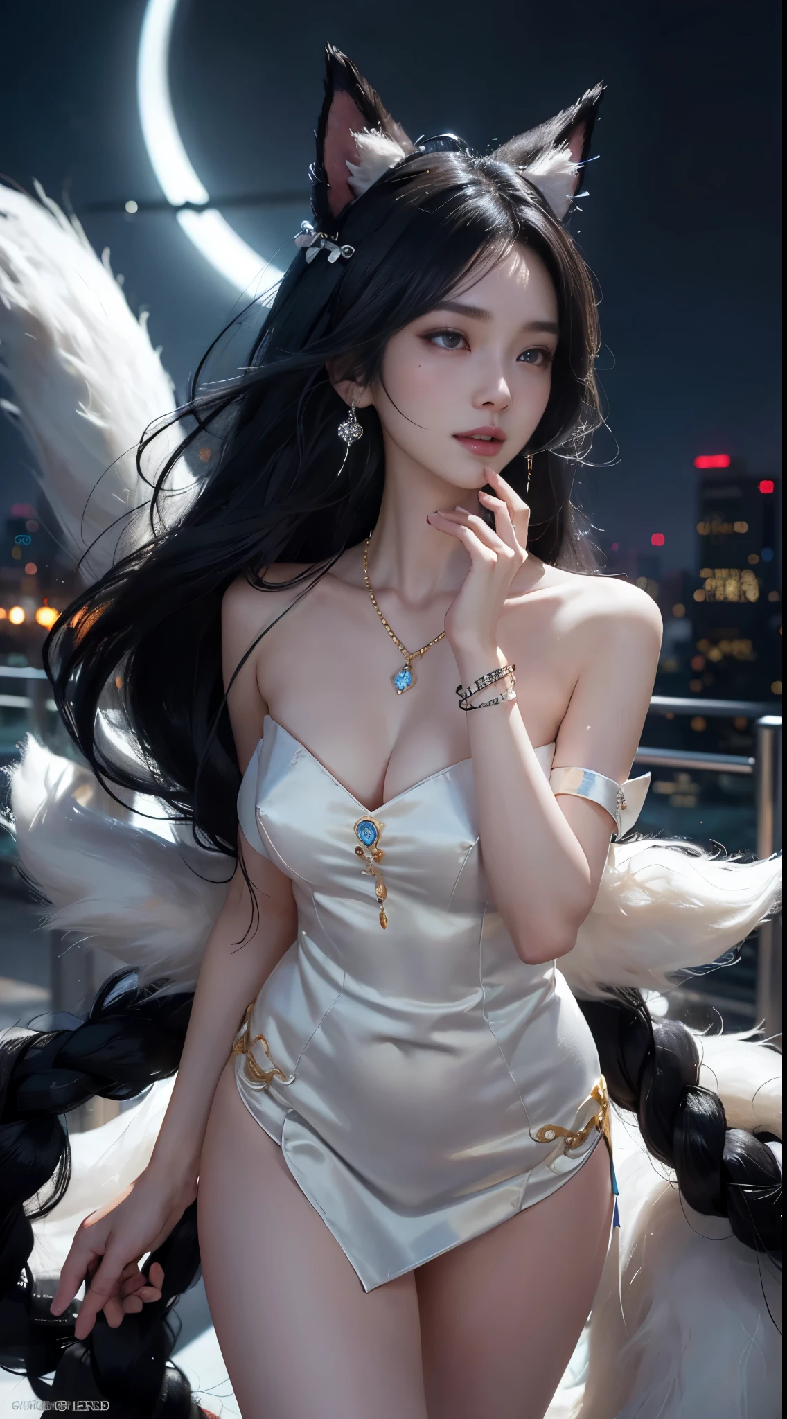 Ahri_Cosplay, White Tails, Black long hair, yellow eyes, ((whole body)), ((from below)), ((gufeng,bare shoulders)), clear face, pretty face, 8k, masterpiece, original photo, best quality, detail:1.2,lifelike, detail, Very detailed, CG, unity, wallpaper, depth of field, movie light, lens flare, Ray tracing, (extremely beautiful face, beautiful lips, beautiful eyes), complicated, detail的脸, ((ultra detailed skin)), 1 girl, in the darkness, deep shadow, beautiful korean girl, kpop idol,(Very slim figure:1.3), plump breasts, Slender sexy legs, elegant posture, (bright smile), (City night, (neon lights), (night), beautiful korean girl, white diamond earrings, diameter bracelet, Dia Necklace, clear eyes, facing forward, (big eyes)