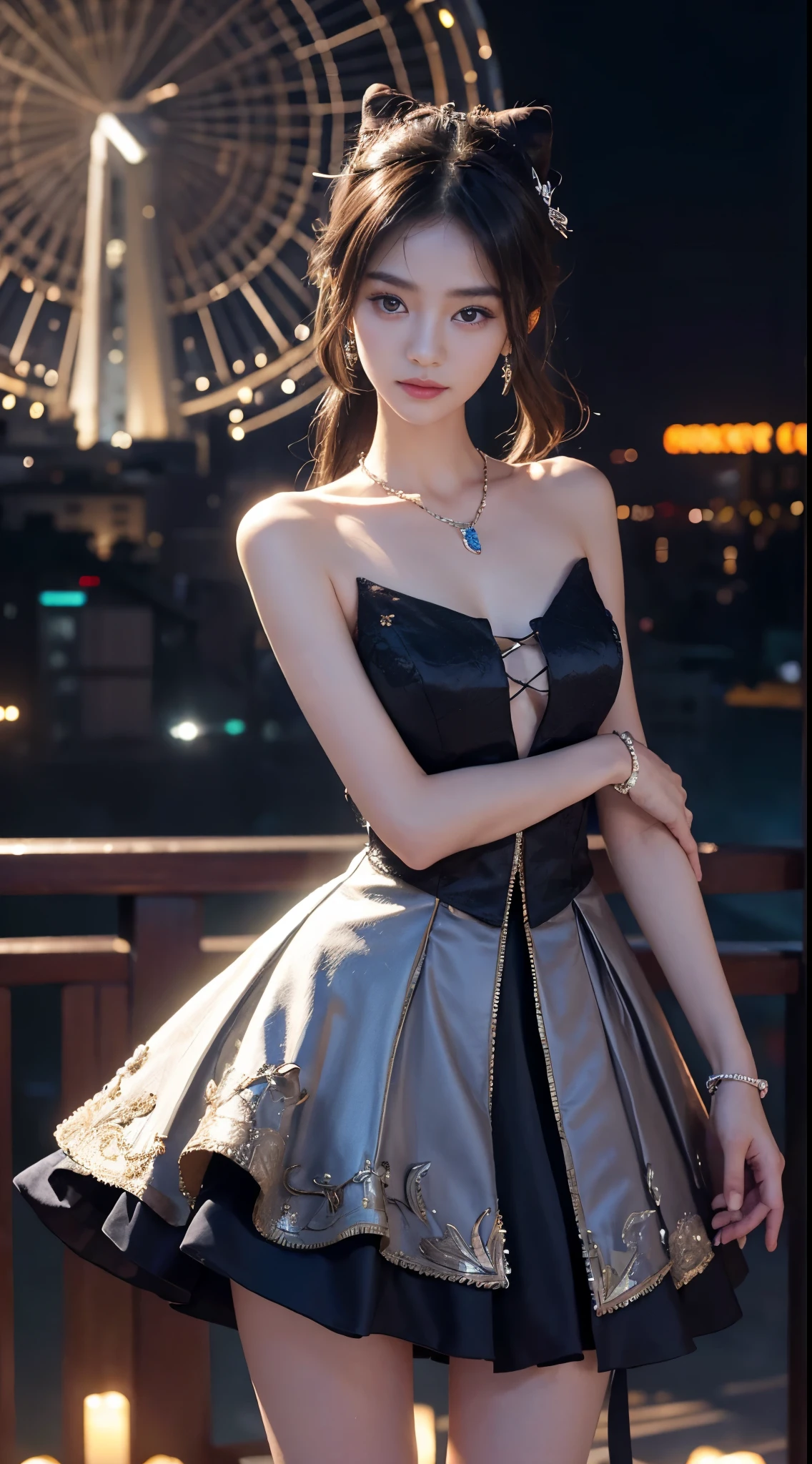 keqingdef,keqingopulent,keqingrnd, ((whole body)), ((from below)), ((gufeng,bare shoulders)), clear face, pretty face, 8k, masterpiece, original photo, best quality, detail:1.2,lifelike, detail, Very detailed, CG, unity, wallpaper, depth of field, movie light, lens flare, Ray tracing, (extremely beautiful face, beautiful lips, beautiful eyes), complicated, detail的脸, ((ultra detailed skin)), 1 girl, in the darkness, deep shadow, beautiful korean girl, kpop idol,(Very slim figure:1.3), plump breasts, Slender sexy legs, elegant posture, (bright smile), (City night, (neon lights), (night), beautiful korean girl, white diamond earrings, diameter bracelet, Dia Necklace, clear eyes, facing forward, (big eyes)