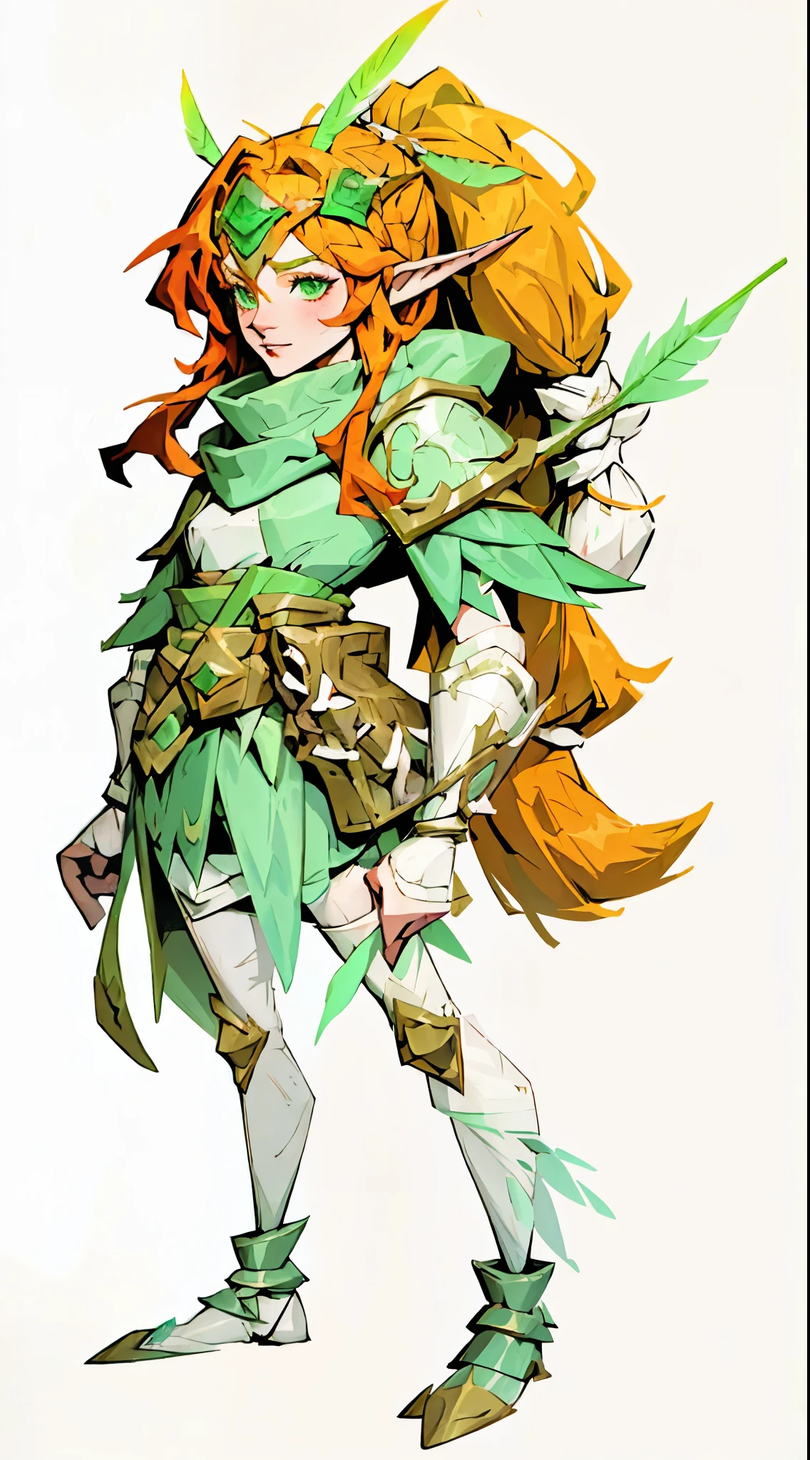 Grass, site, League of Legends, 1 archer girl, long legs, Distinguish ears by headgear, eyes visible through hair, face drawing, feather, hood, hooded 岬, long hair, Brownish-green eyes, ginger, Red hair, Red hair, armor, blue scarf, scarf, scarf, scarf long hair, hooded scarf, Tsuré clothes, white green skirt, long skirt, leather armor, ponytail