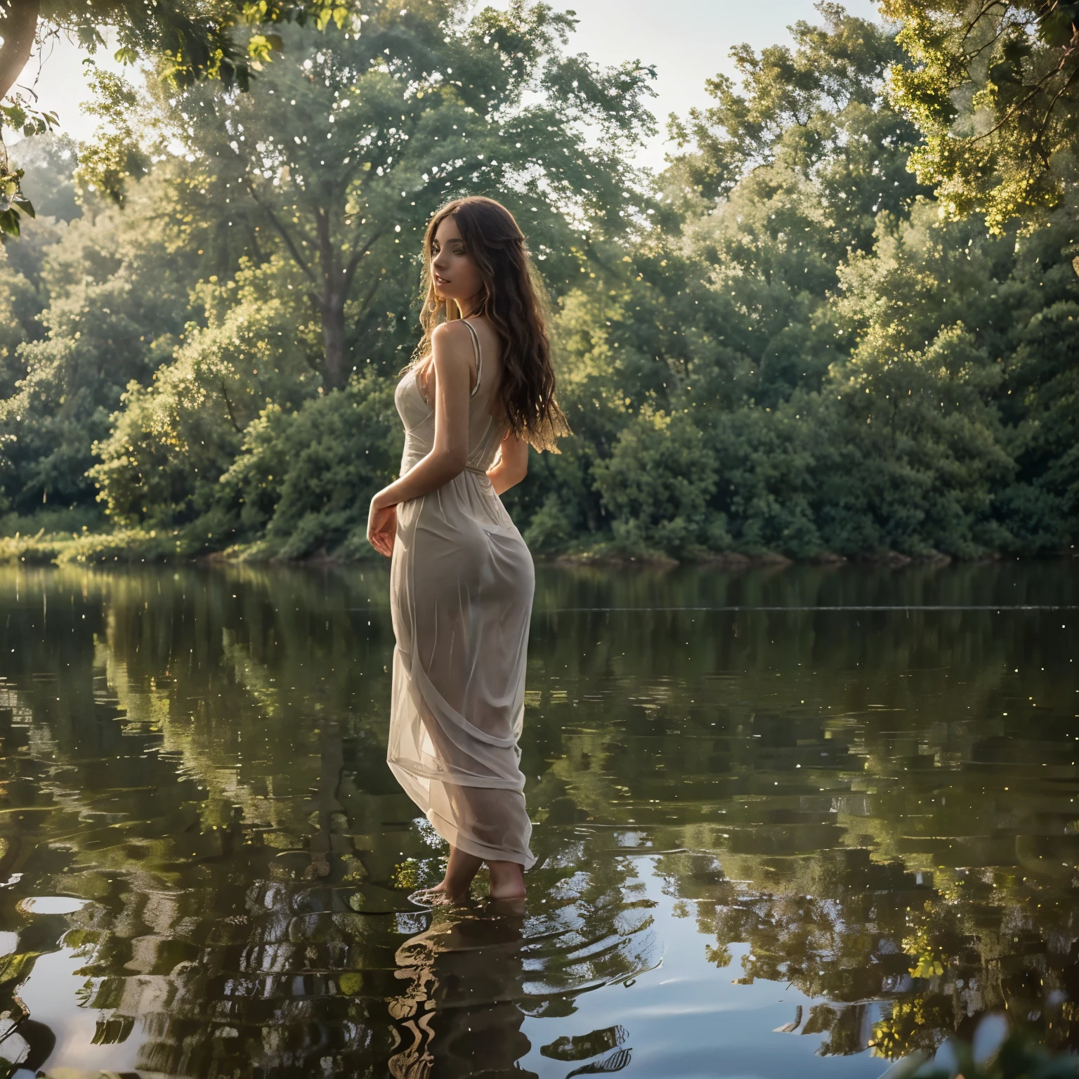 (Best quality, Ultra detailed, Golden ratio, Masterpiece: 1.1), cinematic photo, serene atmosphere, Woman wearing a sheer dress that gently flows with the wind, revealing her lithe figure, light brown long curly hair cascading down her back, reflecting in the tranquil lake, dappled sunlight filtering through the trees, ephemeral beauty, (slender), natural makeup, (highly detailed), photorealistic, shallow depth of field, stunning, captivating, mirror-like lake, lush greenery, gentle breeze, romantic scene, (water reflection: 1.4), cinematic masterpiece, (lake side: 