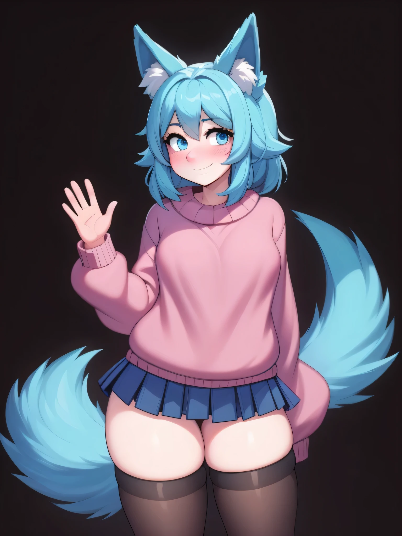 (Masterpiece) (High Detail) (High Res) A short humanoid girl with pale human skin and blue eyes and long blue hair and blue dog ears and a fluffy blue dog tail and average breasts. She is wearing a short pleated black skirt, a big oversized baggy warm pink sweater and thigh high stockings. She is stood waving with one arm to the viewer. One arm by her side. She is smiling. She is blushing. She is stood in a void empty background one colour. White background.