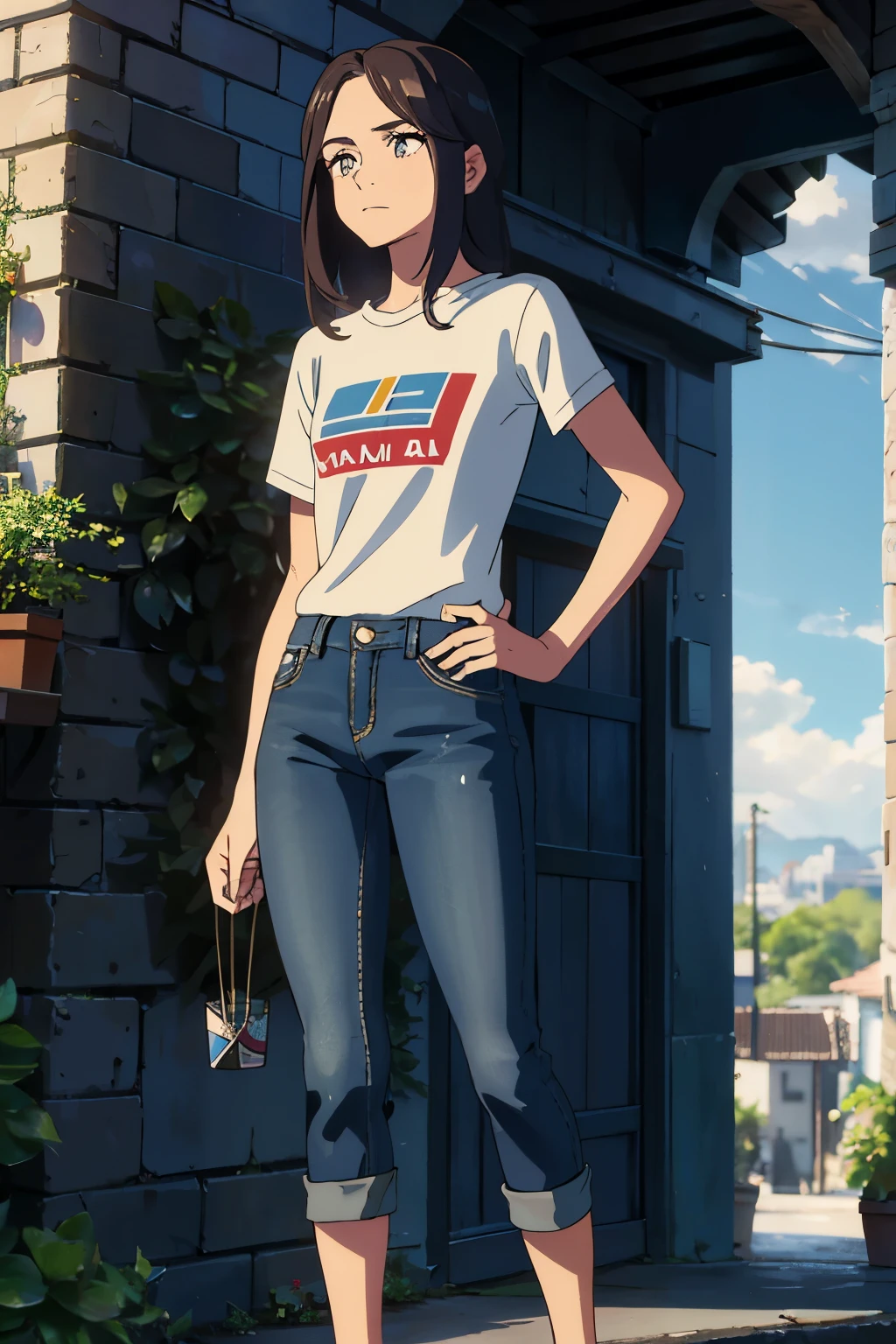la mejor calidad, cuerpo completo como,cara refinada,20 year old university student,cuerpo delgado,smaller bust,camiseta corta blanca,Pantalones cortos ultra denim sin cintura,escena callejera,Stand tall