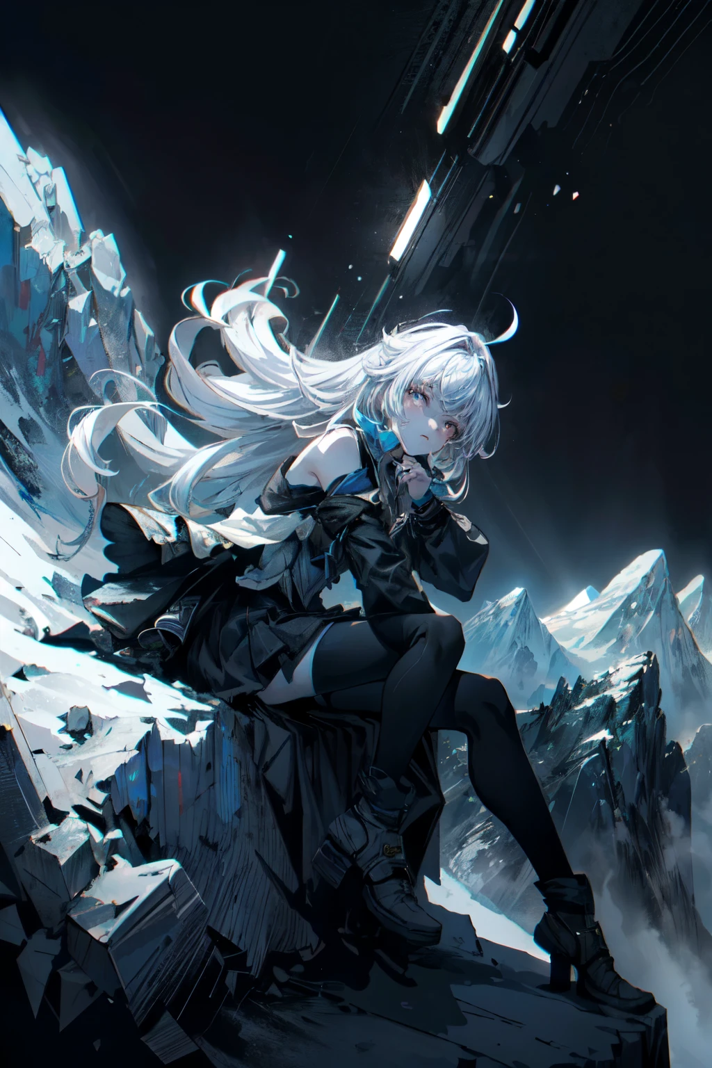1 girl, mature, long silver hair, night, Mountain, aurora, moon,((Random camera shooting 1.4)),(random body poses:1.4),girl sitting on rock at peak of Mountain during night looking up of sky aurora,
volume lighting, dynamic lighting, dynamic composition, reflection, caustics, Scattered beneath the surface, (masterpiece, highest quality, super detailed, best shadow), high contrast, (best illumination, very delicate and beautiful), ((cinematic light)), colorful, hyper detail, dramatic light, intricate details, stunning gradation color, No watermark signature,(detailed background),(super detailed), (best shadow:1.1)+++++,(high contrast)+++,(best illumination)+++,