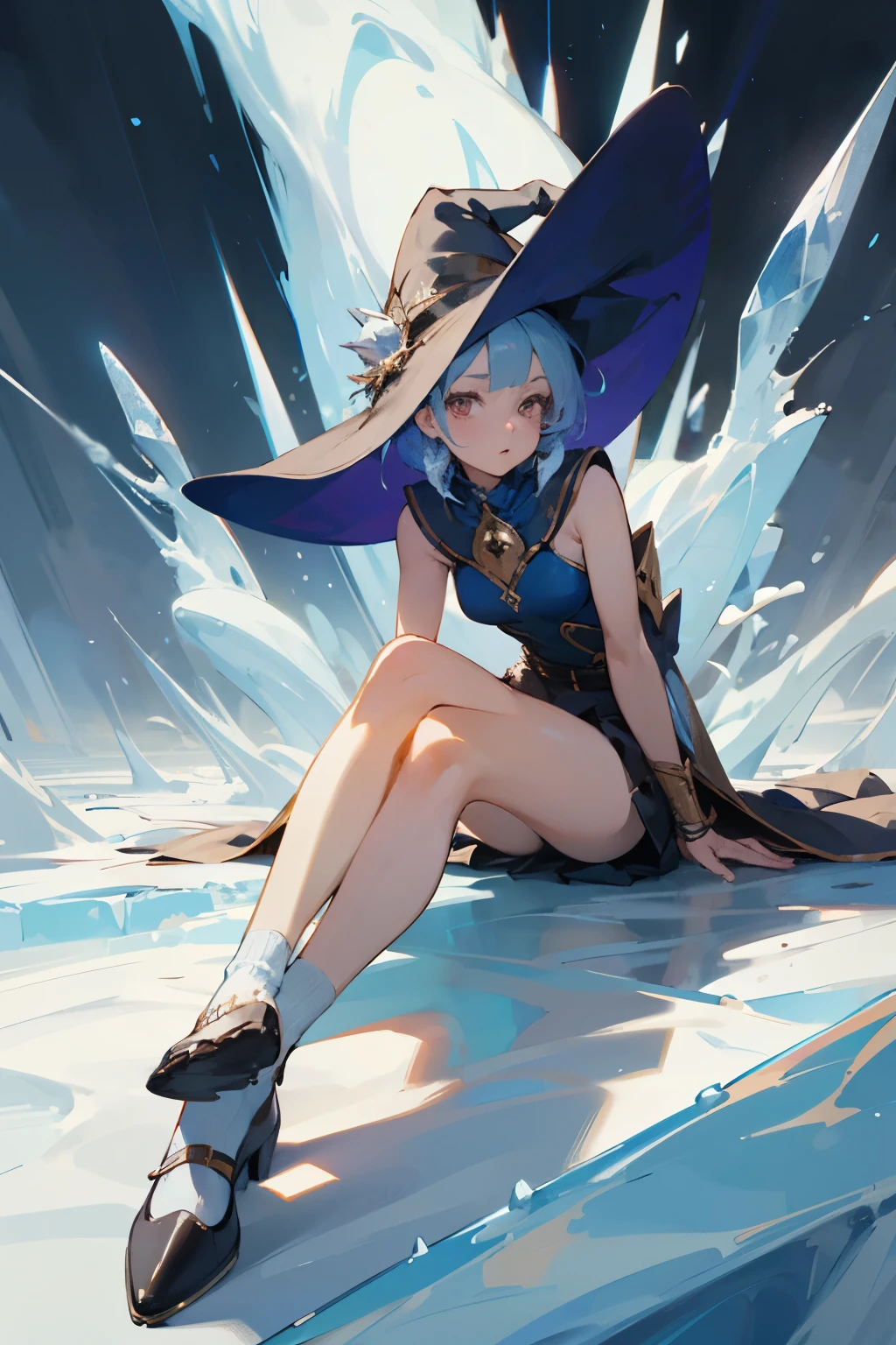 ((best quality)), ((masterpiece)), (detailed), perfect face
I'd like an anime or manga style depiction of a witch or mage girl. She's wearing a sleeveless bodysuit that resembles lingerie, and on top pf that, she's wearing a short skirt to reveal her legs, I want there to be magic marks that represent a design related to ice. Additionally, she wears low shoes that match the outfit, and short socks should be visible.