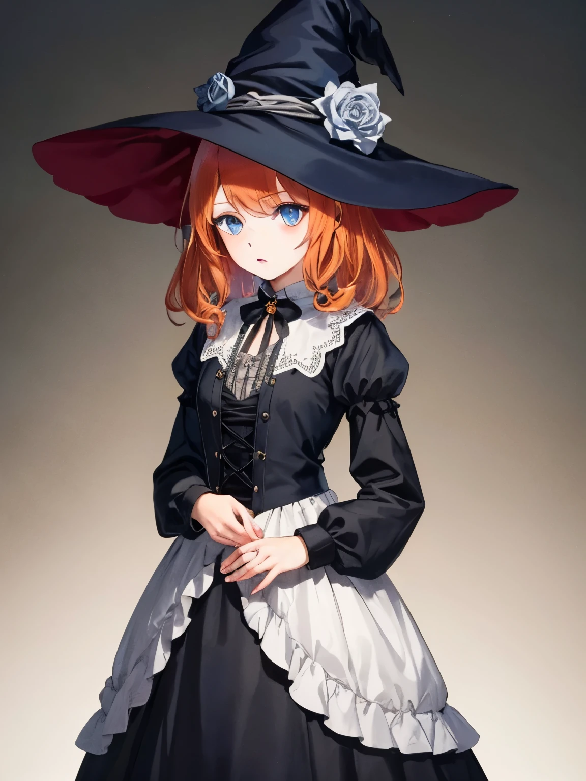 1girl, young girl, orange hair, blue eyes, pale skin, gothic ta, medium hair, witch dress, black dress, white dress, witch hat, long sleeves, accessories, waistcoat, turmoil, gothic, european, victoria, standing, (light smile:0.4)