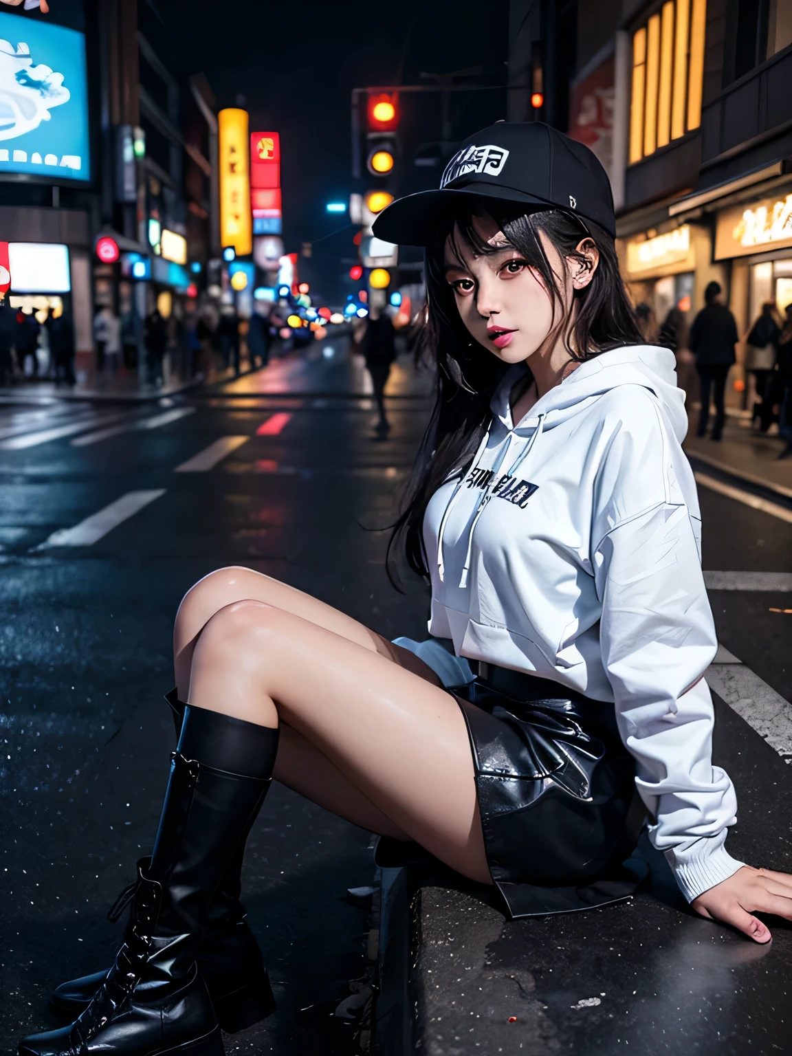 (masterpiece), (best quality), looking at viewer, (wavy hair:0.9), 1girl, night, {black eyes|dark brown eyes}, {black hair|dark brown hair|dark hair}, {long hair|medium hair|short hair}, {cinema|town|grasountain|river|outdooredium breast|large breasts}, wearing white hoodie and white hat, knee high socks, black boots, black skirt, watching at viewers, TOKYO of cyberpunk, night scene, dark, Beautiful Neon Lights, On cloudy streets, vibrant colors