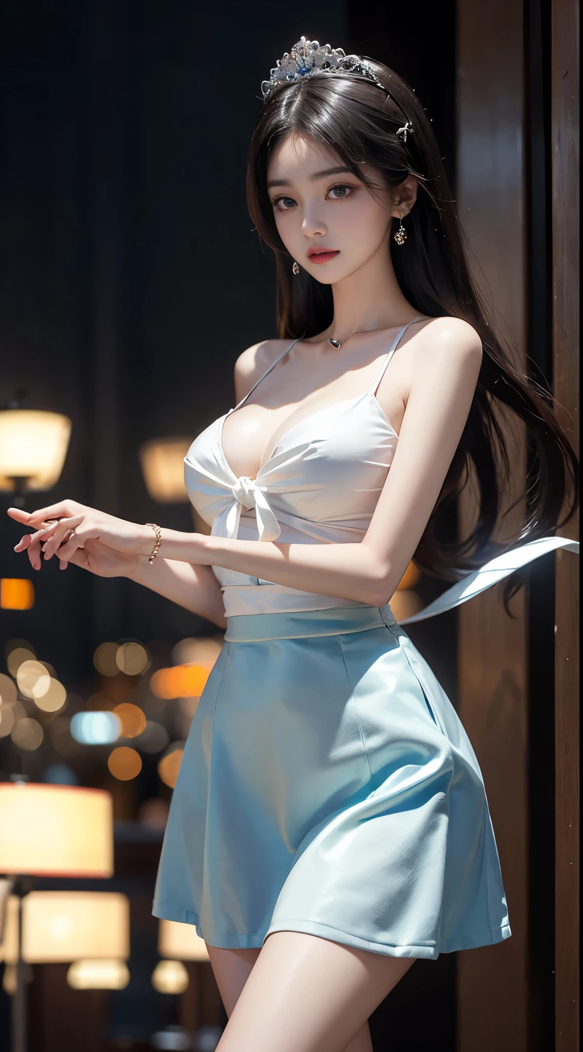 small skirt, ((whole body)), ((from below)), ((gufeng,bare shoulders)), clear face, pretty face, 8k, masterpiece, original photo, best quality, detail:1.2,lifelike, detail, Very detailed, CG, unity, wallpaper, depth of field, movie light, lens flare, Ray tracing, (extremely beautiful face, beautiful lips, beautiful eyes), complicated, detail的脸, ((ultra detailed skin)), 1 girl, in the darkness, deep shadow, beautiful korean girl, kpop idol,(Very slim figure:1.3), plump breasts, Slender sexy legs, elegant posture, (bright smile), (City night, (neon lights), (night), beautiful korean girl, white diamond earrings, diameter bracelet, Dia Necklace, clear eyes, facing forward, (big eyes)