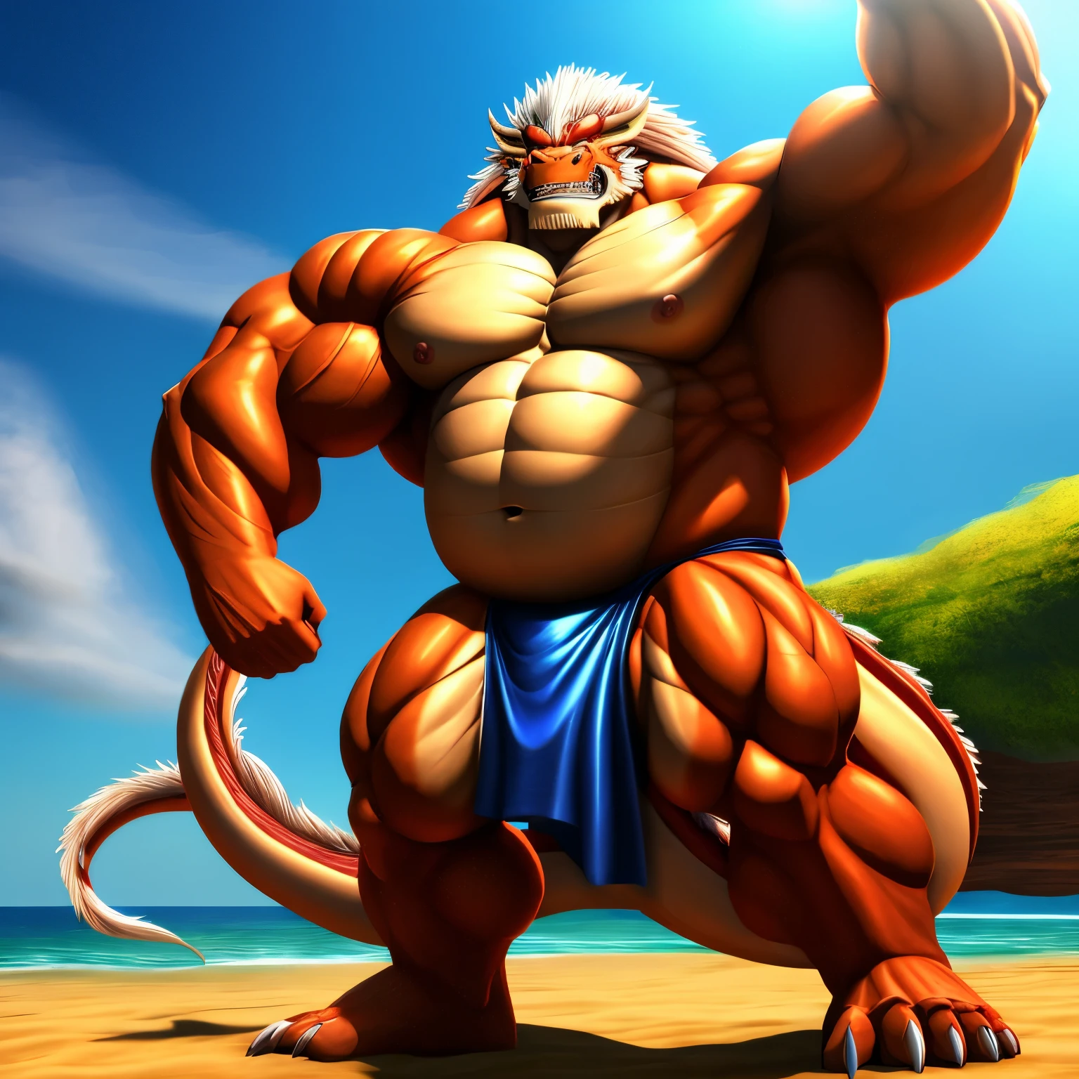  kaido,  eastern dragon king, male dragon, eastern dragon, very big muscles, hulking,  extremely strong, big abdominal muscles, hefty musclegut, pecs, muscular dad body,  Strong and robust musclegut , strong abs, sharp  claws, dragon feet claw, full body, loincloth, one piece, HDR,  nipples, sunlight, daylight, outdoor, bright , sunshine, at noon, fighting pose, good weather,  on sea beach, 8k, best quality .