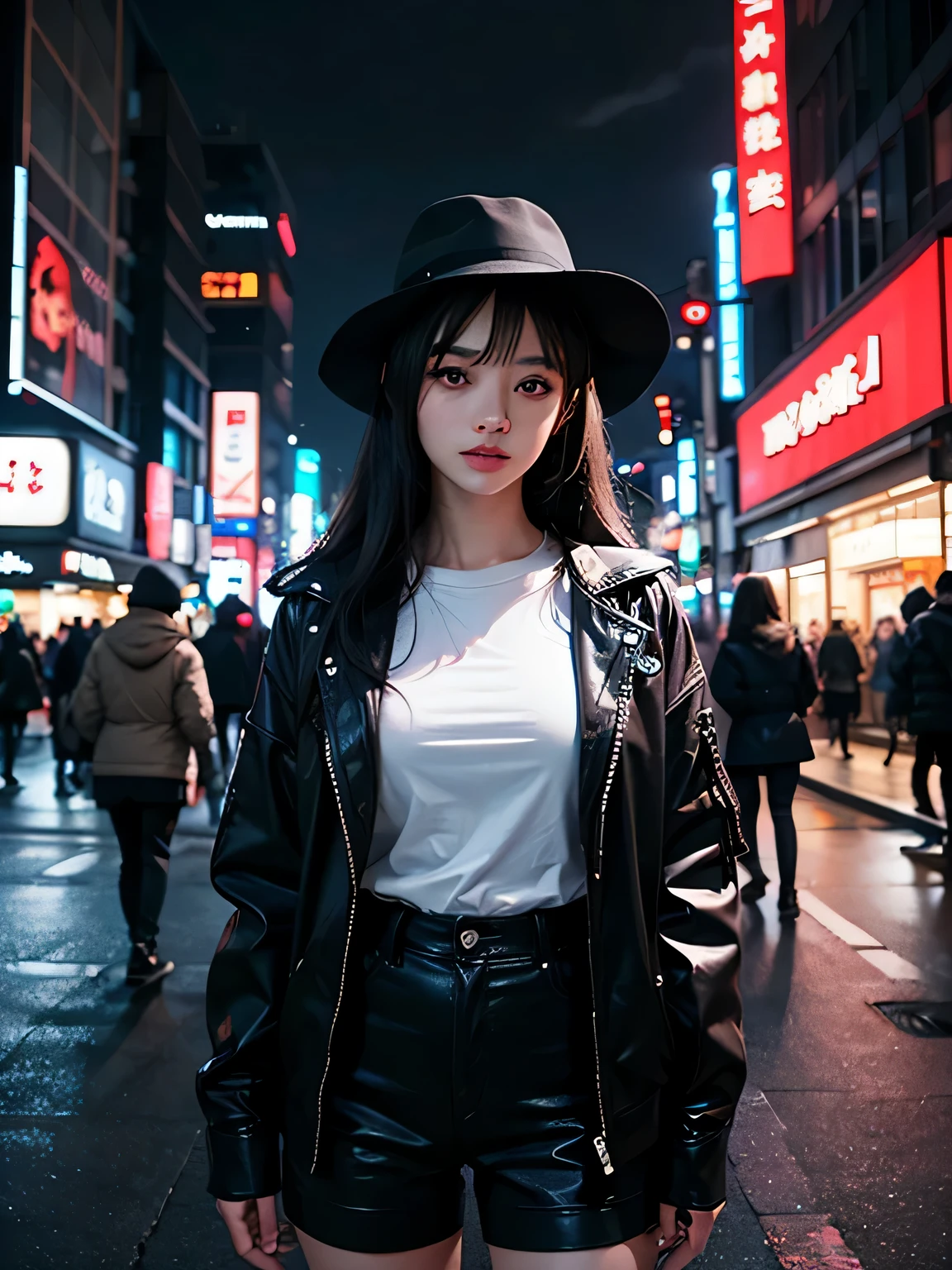 (masterpiece), (best quality), looking at viewer, (wavy hair:0.9), 1girl, night, {black eyes|dark brown eyes}, {black hair|dark brown hair|dark hair}, {long hair|medium hair}, {cinema|town|grasountain|river|outdooredium breast|large breasts}, wearing white shirt and black jacket, black hat, knee high socks, black boots, black short pants, watching at viewers, TOKYO of cyberpunk, night scene, dark, Beautiful Neon Lights, On cloudy streets, vibrant colors