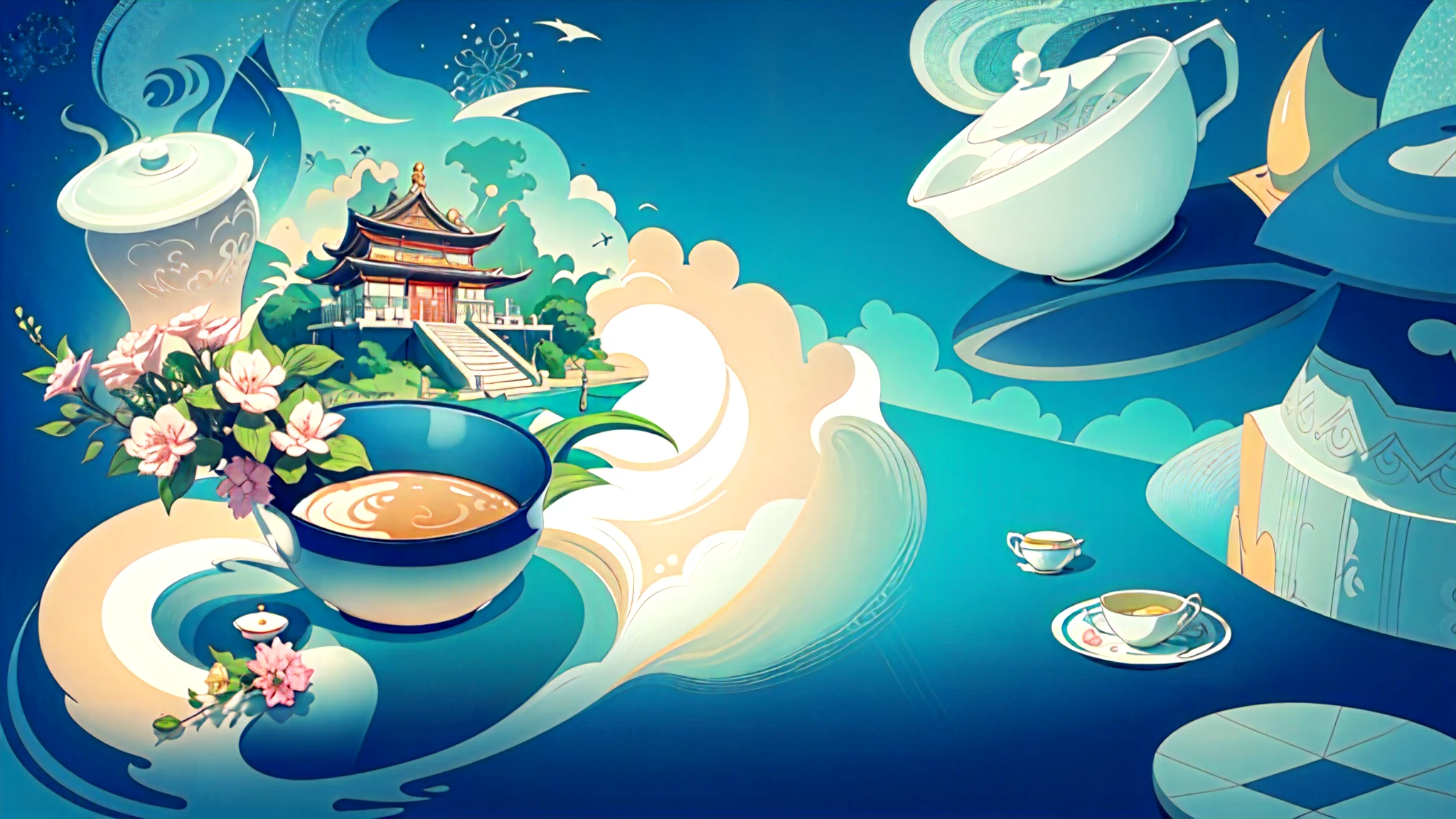 Coloring page of teacup and saucer with teapot and teacup, stylized lines, clean line art, simple line art, anime city line art, background art, line art, bold line art, 2 d game line art behance hd, 2d game line art behance hd, Zen temple background, 《The Legend of Korra》set up, outline art