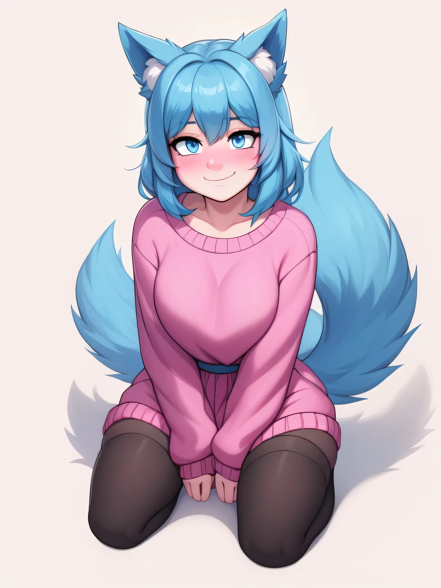 (Masterpiece) (High Detail) (High Res) A short humanoid girl with pale human skin and blue eyes and long blue hair and blue dog ears and a fluffy blue dog tail and average breasts. She is wearing a short pleated black skirt, an oversized baggy warm pink sweater and thigh high stockings. She is kneeling down and looking up to the viewer. She is smiling happily. She is blushing. She is kneeling in a void empty background one colour. White background.
