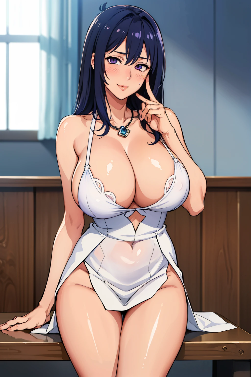 standing pose, wedding full dress, (using wedding accesoris), white necklace, church background, NJAkiV4, oda non style, anime cels style, purple eyes, best quality, high resolution, sexy pose, sitting on table, (huge breasts:1.4), cowboy shot, blush, embarrassed, smile, 1 girl, 28yo,Young female,Beautiful Finger,Beautiful long legs,Beautiful body, Beautiful Nose,Beautiful character design, perfect eyes, perfect face,expressive eyes, perfect balance, looking at viewer,(Focus on her face), official art,extremely detailed CG unity 8k wallpaper, perfect lighting,Colorful, Bright_Front_face_Lighting,White skin, (masterpiece:1.0),(best_quality:1.0), ultra high res,4K,ultra-detailed, photography, 8K, HDR, highres, absurdres:1.2, Kodak portra 400, film grain, blurry background, bokeh:1.2, lens flare, (vibrant_color:1.2),professional photograph, (Beautiful,huge_Breasts:1.4), (beautiful_face:1.5),(narrow_waist)