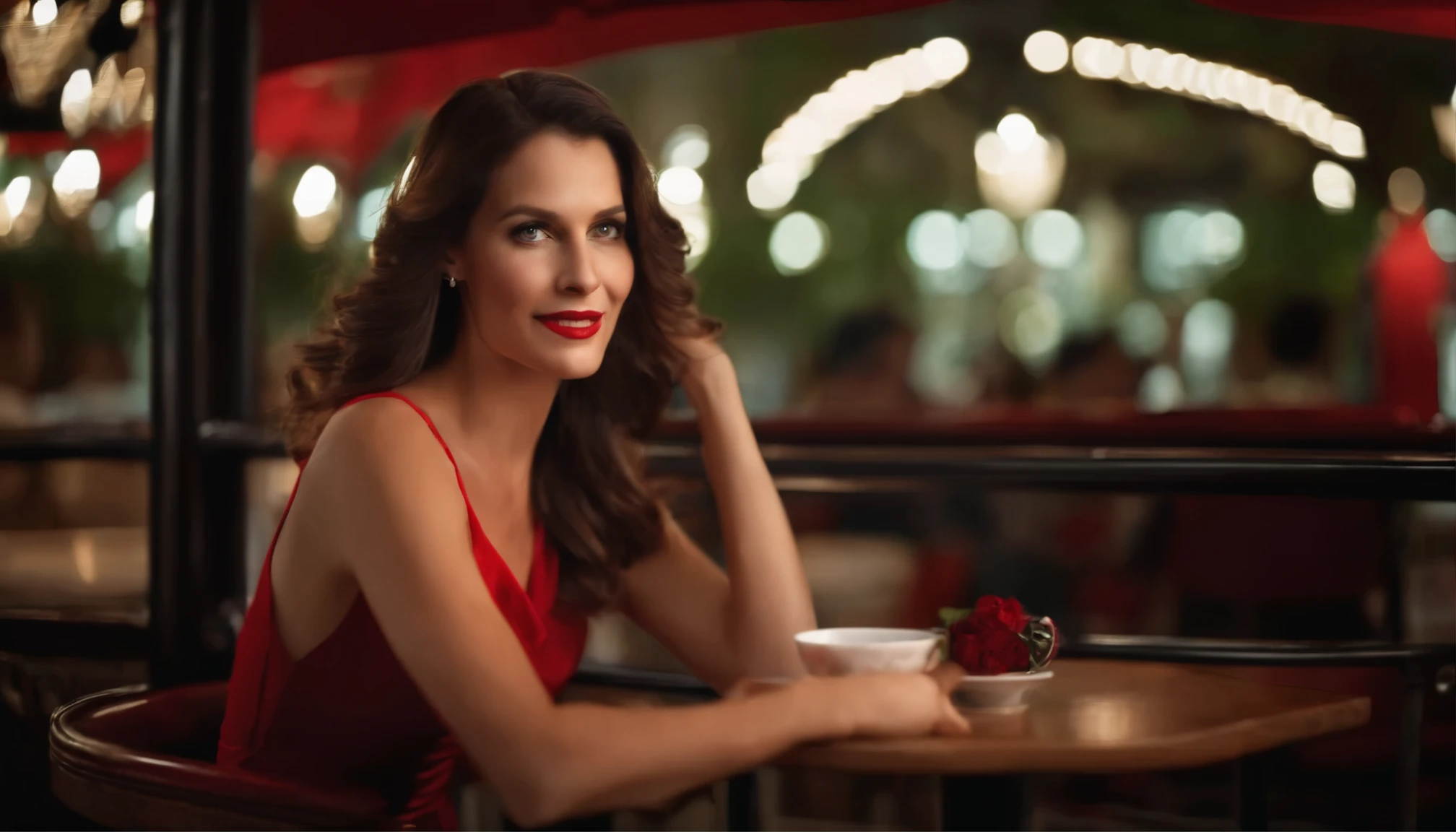 Lovely, classic dark-haired German mid-30s beautiful, Gesicht, shoulder length brunette hair, green eyes and long eyelashes, wears a red one, elegantes Kleid und sitzt im Cafe in Paris. I look at you with loving eyes and a gentle smile, Hintergrund ist Paris, verschwommener Hintergrund, shallow depth of field, filmisches Licht, Sanftes Licht, hinterleuchtet, Mikrodetails, Rendern, fotorealistisch, filmisch