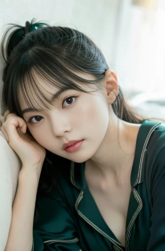 best quality, detailed, beautiful, insanely detailed, absurdres,perfect anatomy,
Japanese woman,black hair,27 years old,
(slender),
(small breasts),
delightful, sleeping, lying prone, ponytail, (green pajamas:1.2), closeup shot, dutch angle shot