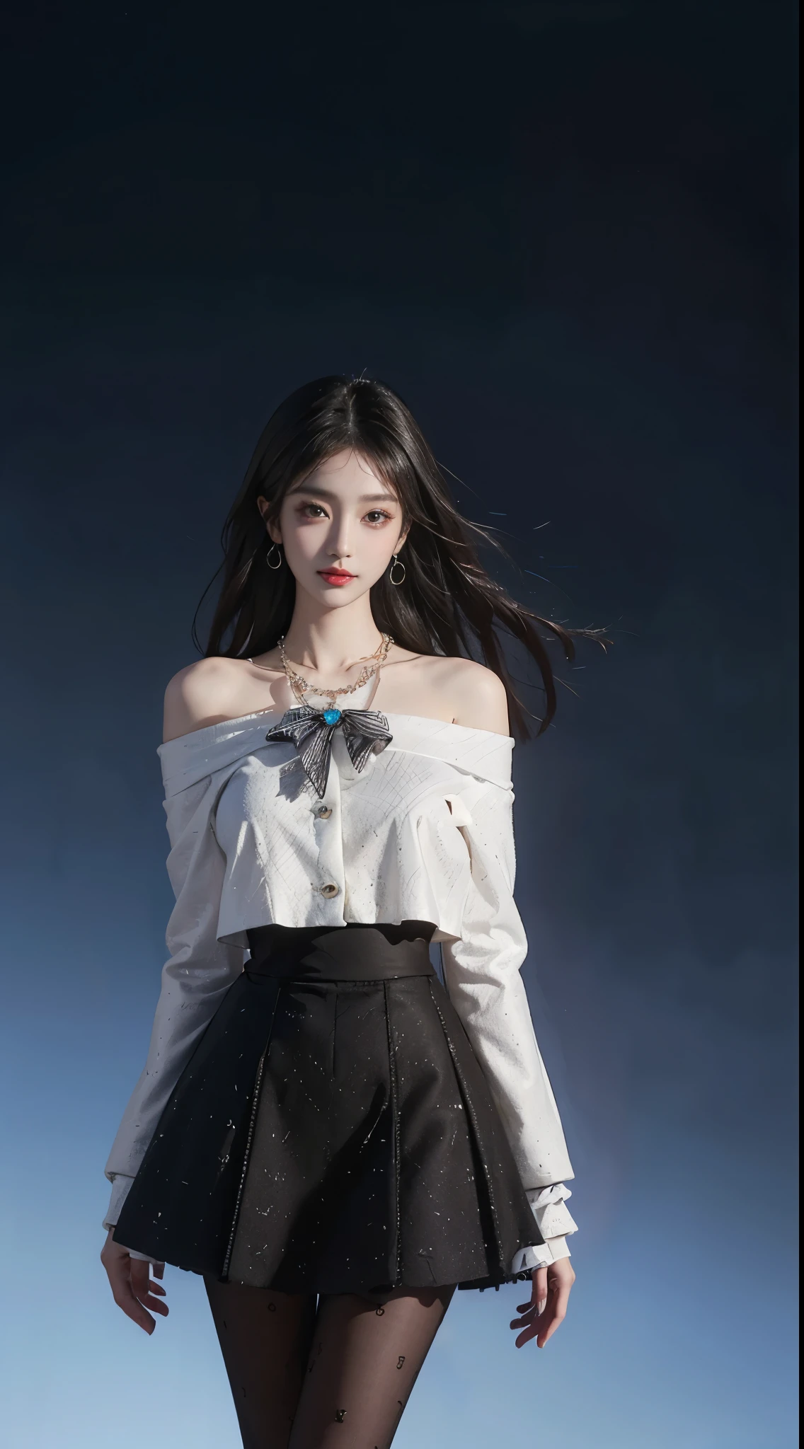 dating attire, bow, jacket, skirt, pantyhose, bow socks, black footwear,  ((whole body)), ((from below)), ((gufeng,bare shoulders)), clear face, pretty face, 8k, masterpiece, original photo, best quality, detail:1.2,lifelike, detail, Very detailed, CG, unity, wallpaper, depth of field, movie light, lens flare, Ray tracing, (extremely beautiful face, beautiful lips, beautiful eyes), complicated, detail的脸, ((ultra detailed skin)), 1 girl, in the darkness, deep shadow, beautiful korean girl, kpop idol,(Very slim figure:1.3), plump breasts, Slender sexy legs, elegant posture, (bright smile), (City night, (neon lights), (night), beautiful korean girl, white diamond earrings, diameter bracelet, Dia Necklace, clear eyes, facing forward, (big eyes)