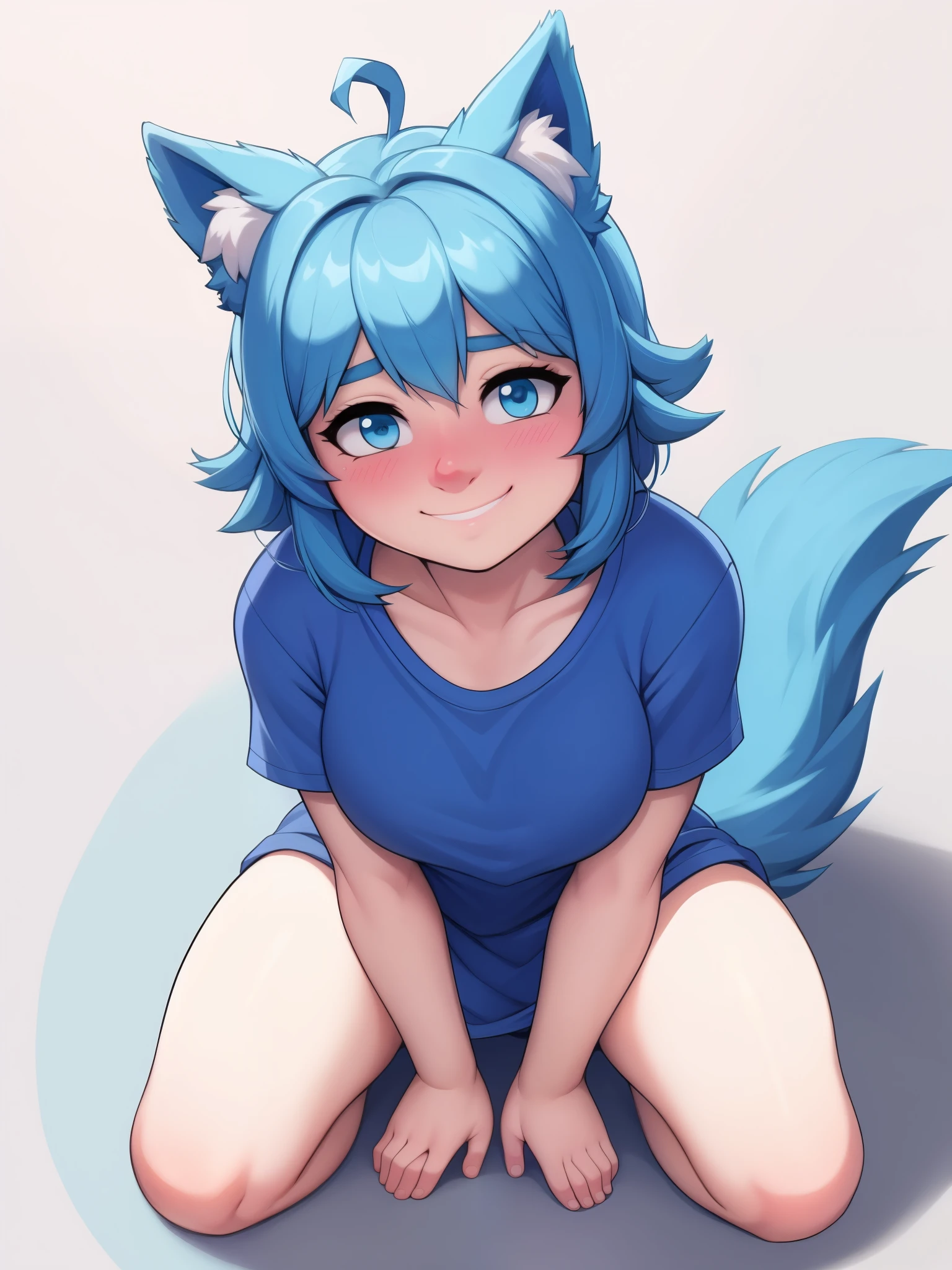 (Masterpiece) (High Detail) (High Res) A short humanoid girl with pale human skin and blue eyes and long blue hair and blue dog ears and a fluffy blue dog tail and average breasts. She is wearing only a large white oversized baggy t-shirt. She is kneeling down and looking up to the viewer. She is smiling happily. She is blushing. She is kneeling in a void empty background one colour. White background.