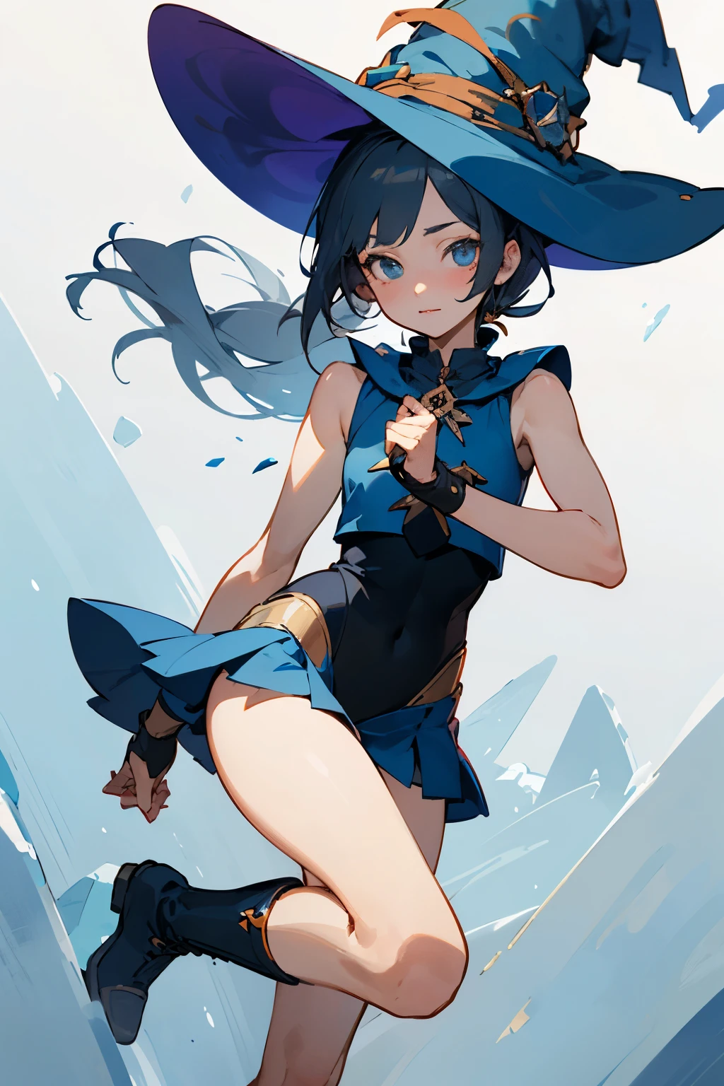 ((Mejor calidad)), ((obra maestra)), (detallado), Cara perfecta. I would like an anime or manga style decision of a witch or wizard.. ella usa un top tipo leotardo sin mangas y una falda corta para mostrar sus piernas.. en una pierna, I want frozen magic marks. She also wears low boots to match her outfit.., con calcetines de tiro visibles.