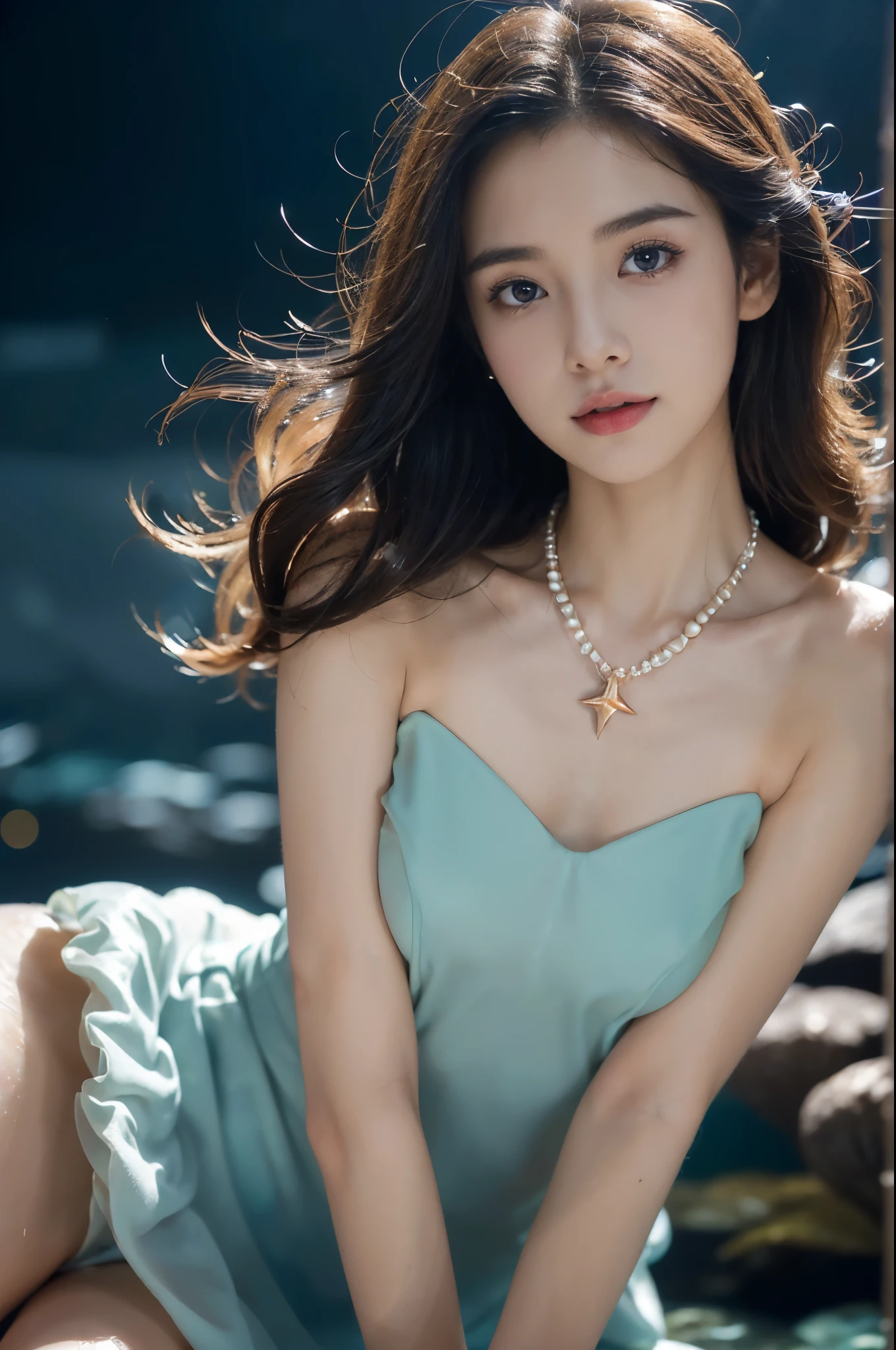 ((((8k))),((Extremely meticulous CG)) ,(wallpaper),16k,((Extremely refined and beautiful)),(((Masterpiece))),(((best qualtiy))),(((Ultra High Resolution))),beautiful light up,Perfect lightning,realistic shaded,((high resolution)),(Smooth and flawless fair skin:1.5),(pale skin:1.3),(Extremely exquisite facial details:1.2),(perfect body:1.1),(ultra-detailed),((A beautiful girl,solo)),(small head:1.2),(shoulder length straight bob hair:1.2),(small face:1.2),(:1.3),(Exquisite makeup:1.2),(small breasts:1.2),(flat chests:1.2),((slim,thin)),happy,(laughing:1.2),(crystal necklace:1.2),(sparkled dress:1.5),(night scene:1.5),(detailed background:1.5),(sitting in the shell:1.3),(arms behind back:1.3),(close-up of face:1.5),(from front:1.2),air bubbles,aquarium,bubbles blowing,coral,diving,dolphin,freediving,goldfishes,jellyfish,jewelry,light rays,ocean,partially underwater shot,pearl,(gemstone),seaweed,sleeveless,splashing,starfish,submerged,swimming,underwater,water drops,watercraft,waves,whale,