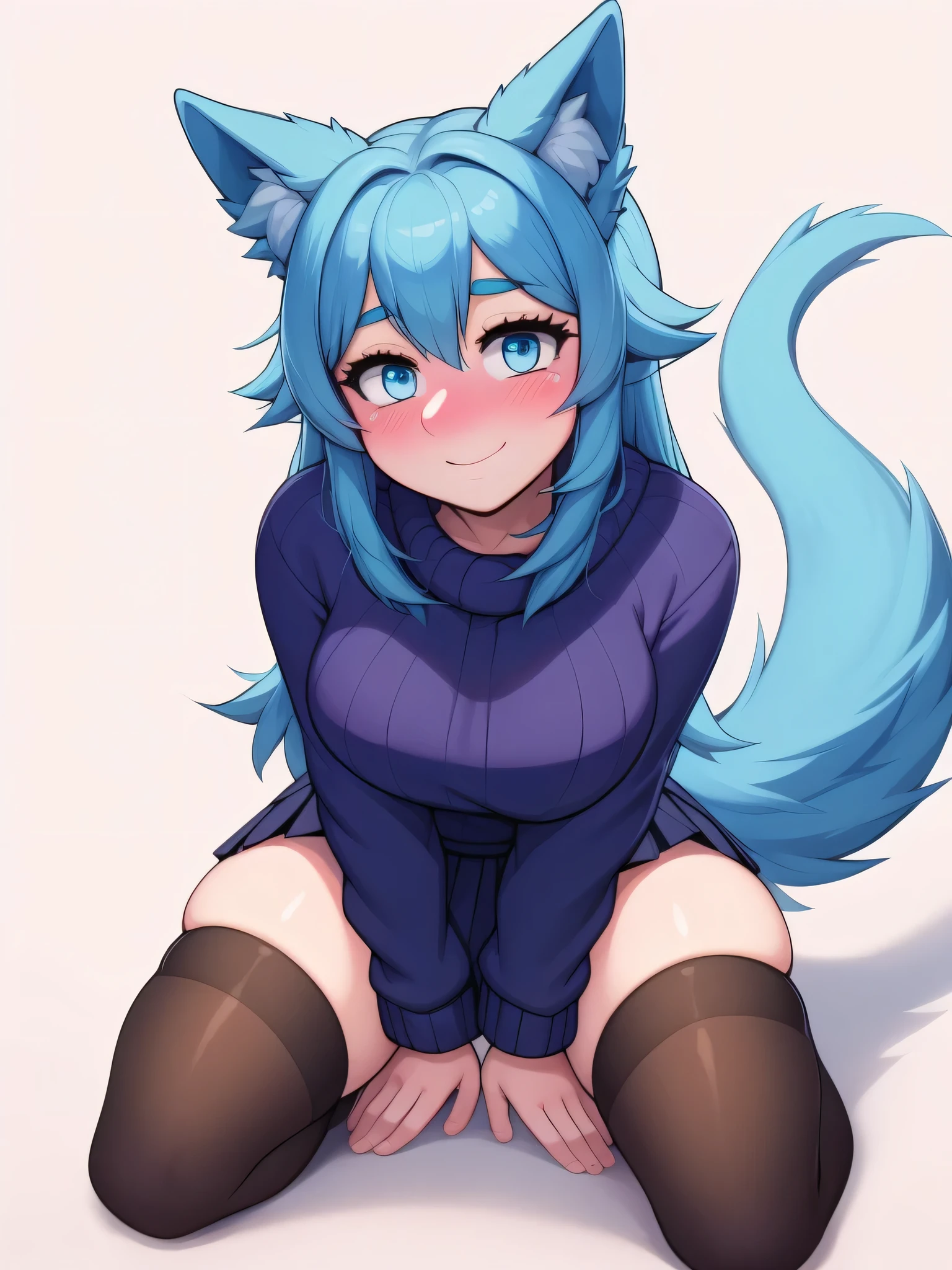 (Masterpiece) (High Detail) (High Res) A short humanoid girl with pale skin and blue eyes and long blue hair and blue dog ears and a big fluffy dog tail is naked and is kneeling facing away from the viewer wearing nothing except a pair of warm blue socks. She is alone. 1girl.