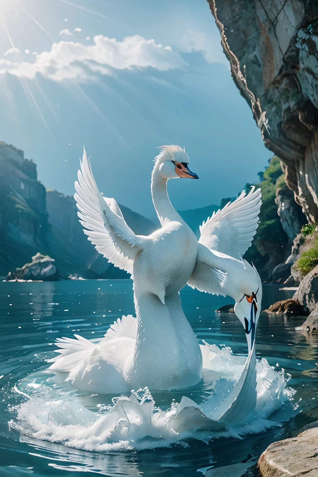 The Swan Princess, coming out of the sea. The sea can be depicted with blue shades of water and waves on the surface. The Swan Princess may be depicted with graceful white plumage and a long, graceful neck.. It may be surrounded by floating aquatic plants or rocks., adding an atmosphere of nature and tranquility.
