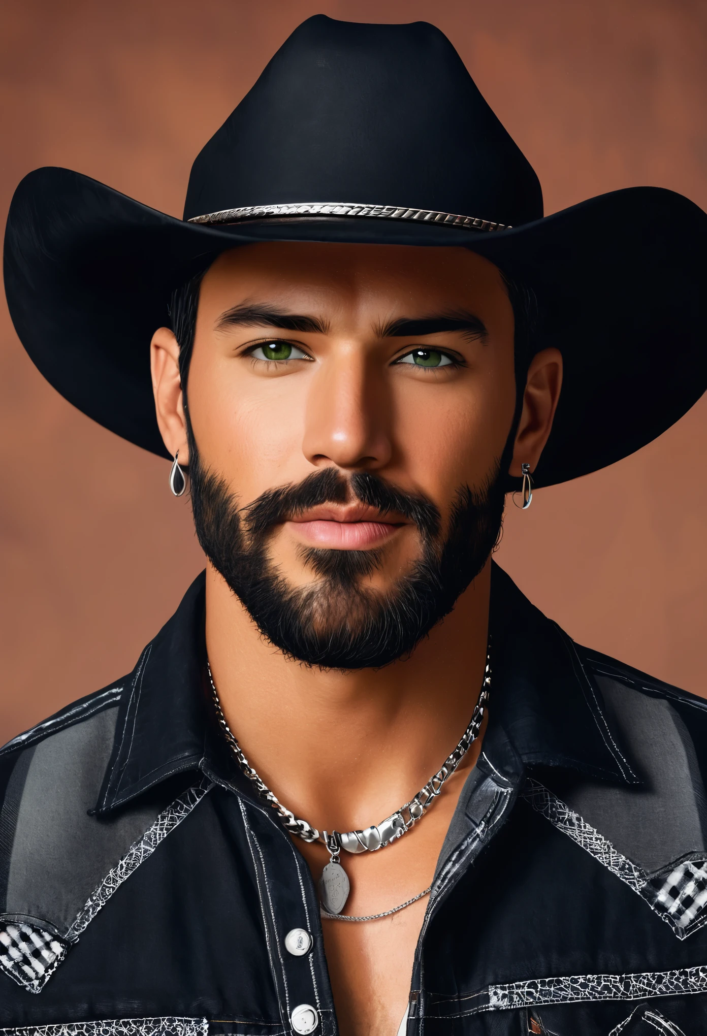 Create a hyper-realistic portrait of an American cowboy man with sharp features and a beautiful tan skin tone. He has short, shaved black hair and light, possibly green eyes that are tilted slightly upward, indicating attention or slight surprise. Her eyebrows are thin and well defined, complementing her eyes. His skin is clear and lightly tanned, with careful maintenance. He sports a short, meticulously trimmed beard that connects perfectly to his mustache. He is dressed in a black plaid shirt, ripped jeans, and a backwards black baseball cap, adorned with tattoos, a silver necklace, and earrings. The background features a rodeo scene with horses, emulating a photo taken with a Canon EOS 5D Mark IV at 1/800s, f/2.8, ISO 250, with saturated red tones, fine details, and a joyful yet seductive and emotional atmosphere.