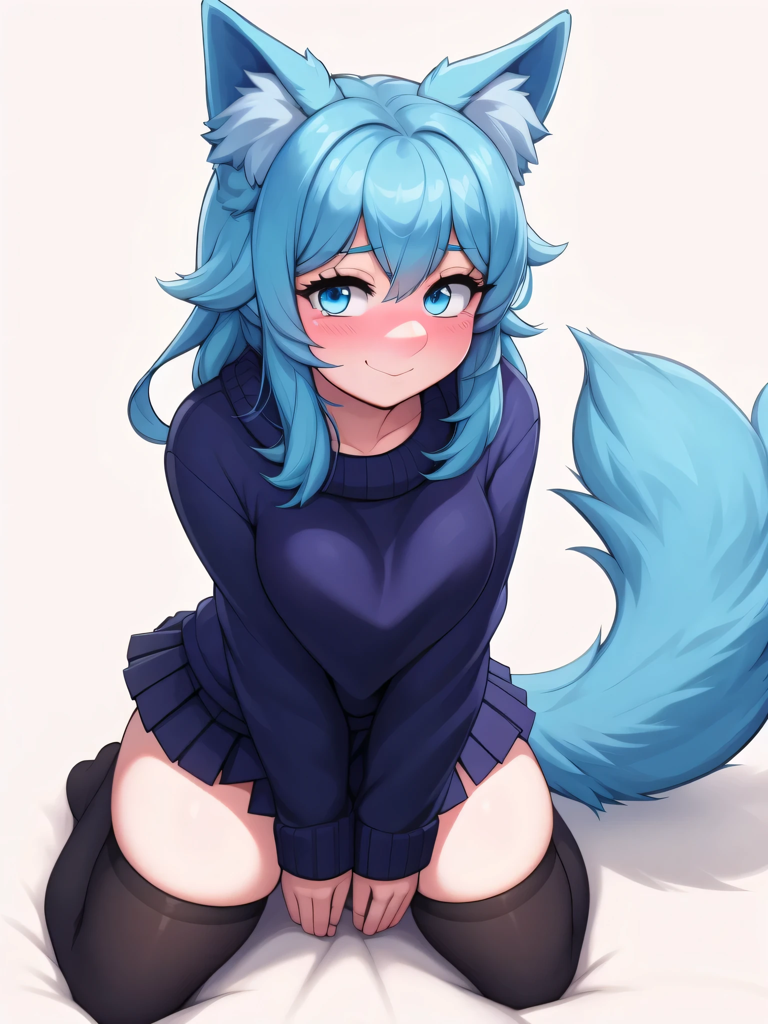 (Masterpiece) (High Detail) (High Res) A short humanoid girl with pale human skin and blue eyes and long blue hair and blue dog ears and a fluffy blue dog tail and average breasts. She is wearing a short pleated black skirt, an oversized baggy warm pink sweater and thigh high stockings. She is kneeling down and looking up to the viewer. She is looks excited. She is blushing. She is kneeling in a void empty background one colour. White background. Long blue hair, fluffy blue tail.